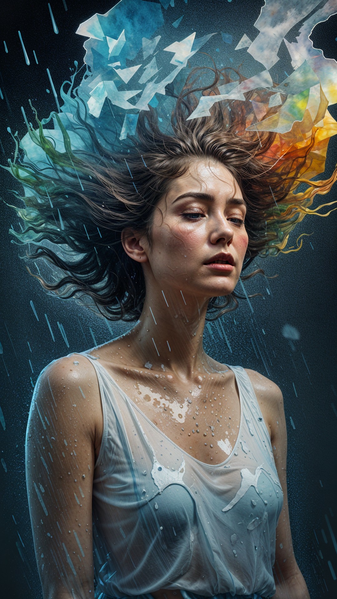Contemplative Woman in Surreal Colorful Environment