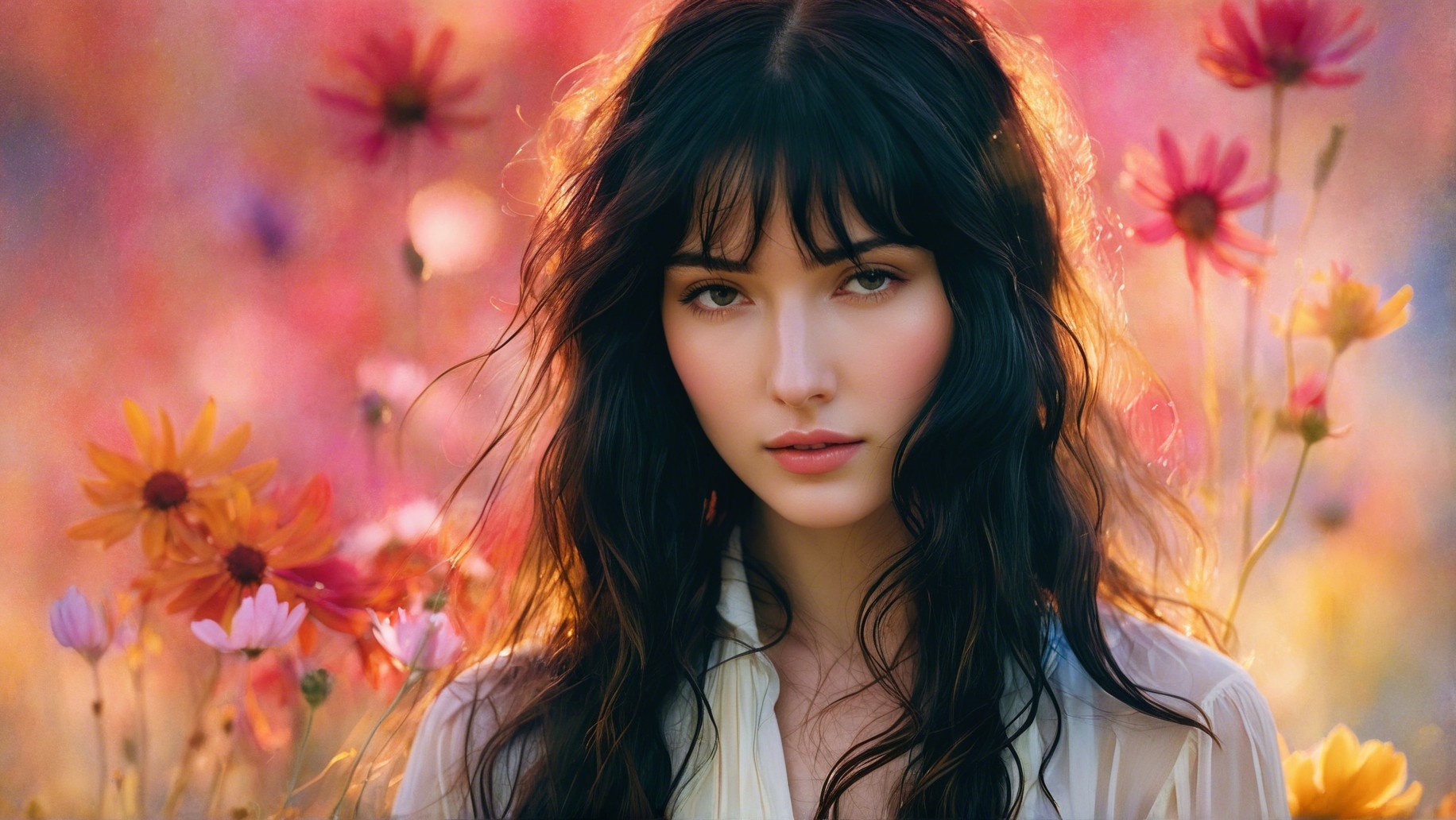 Young woman in a flower field with soft features