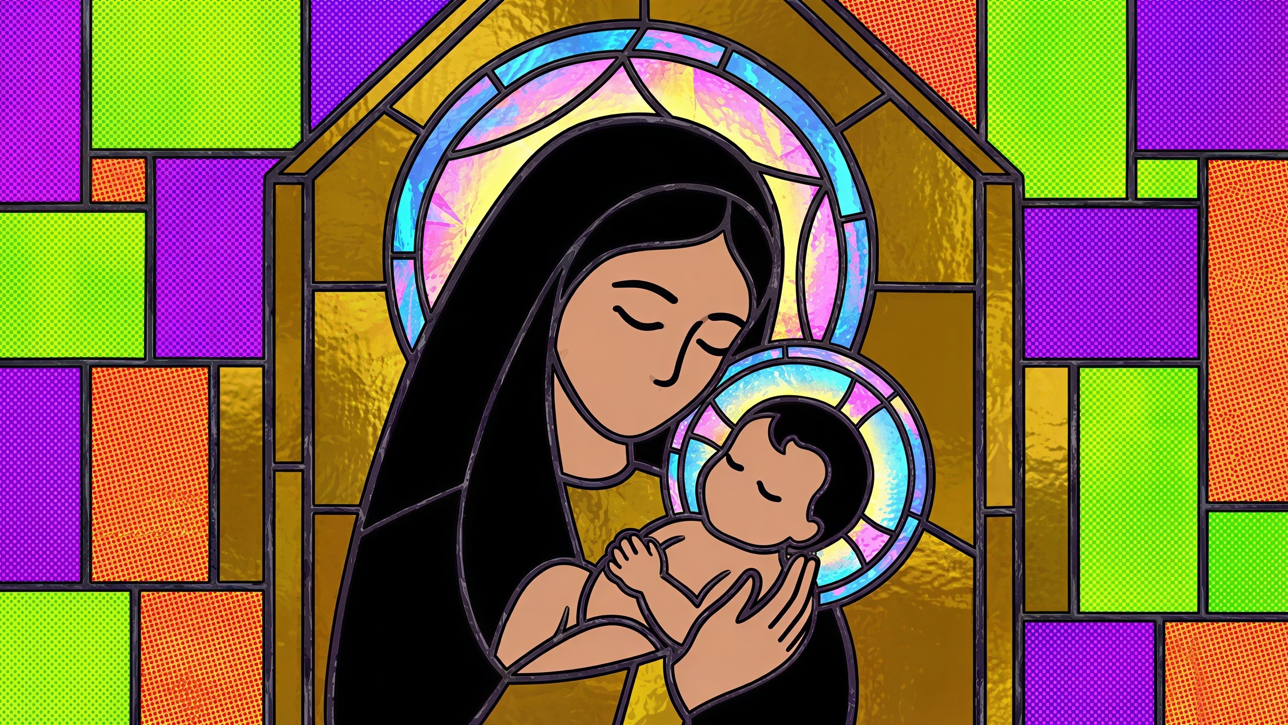 Stained Glass Artwork of Mother Mary and Baby Jesus