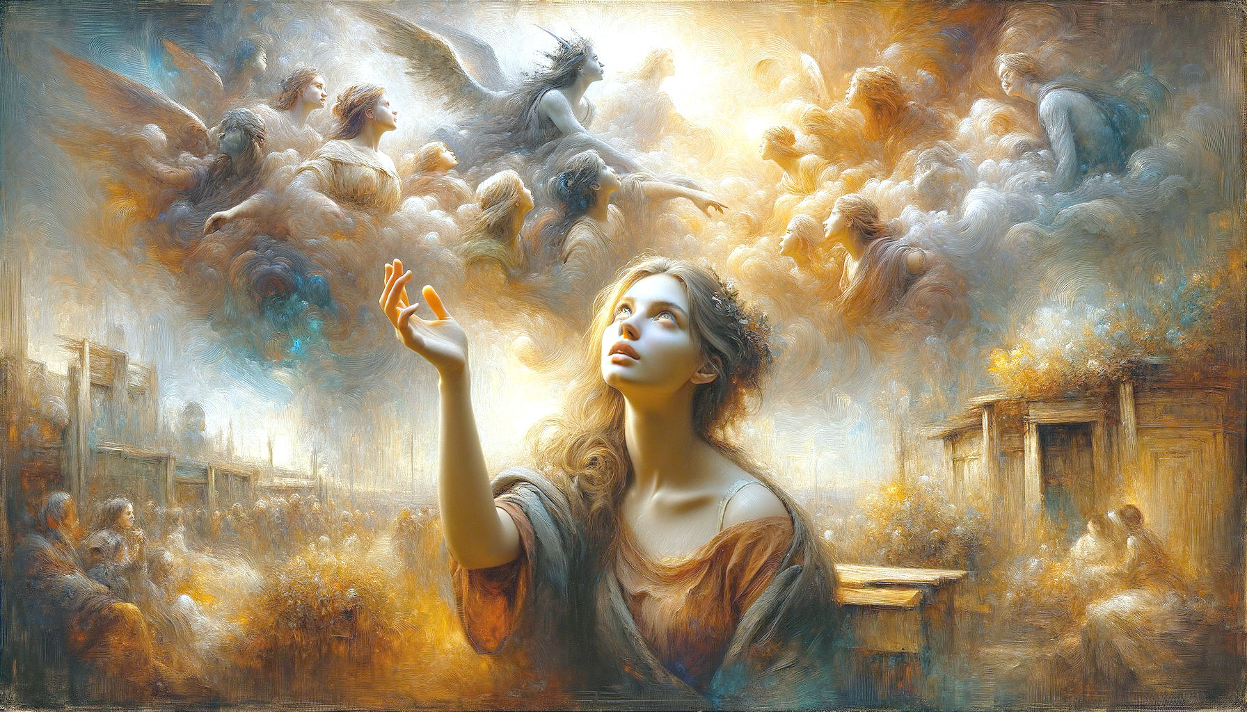 Serene Woman Surrounded by Ethereal Figures and Clouds
