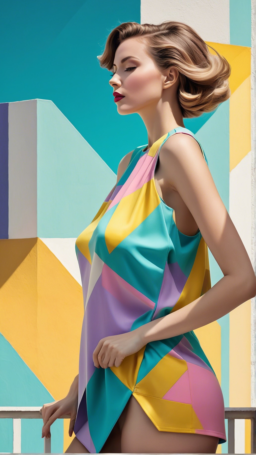 Stylish Model in Bold Dress Against Geometric Backdrop