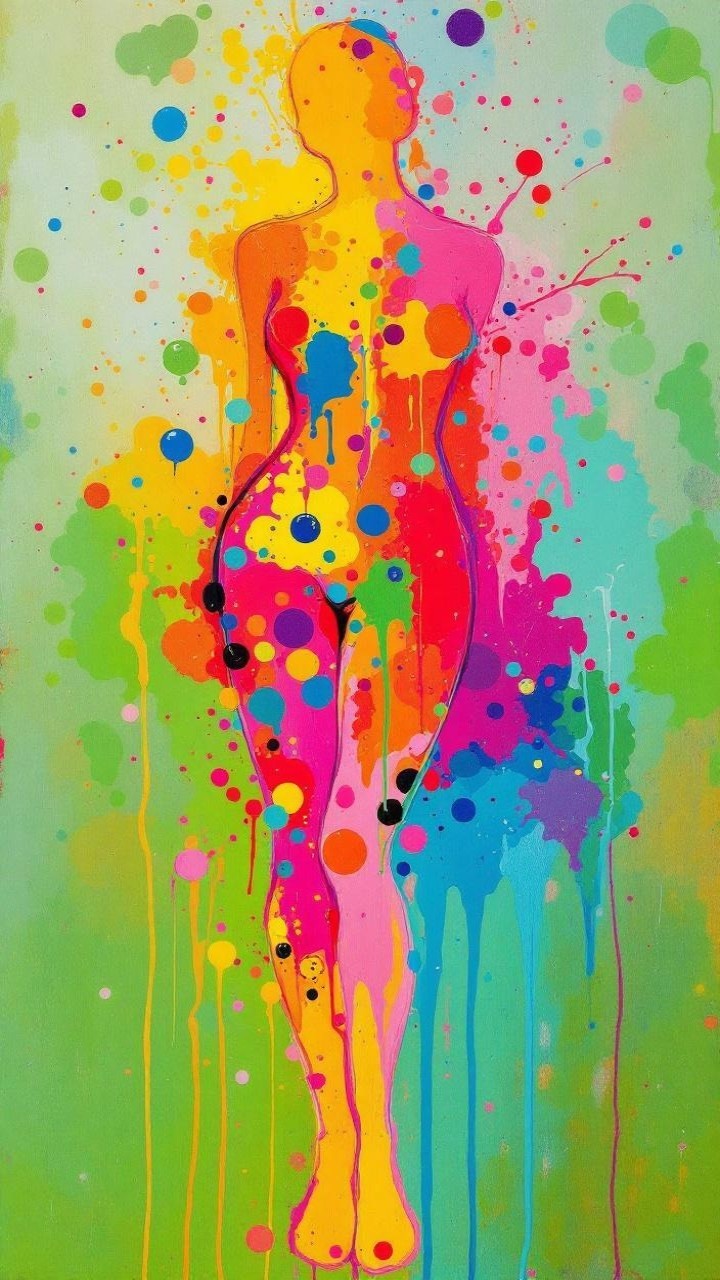 Vibrant Silhouette with Colorful Splashes and Dots