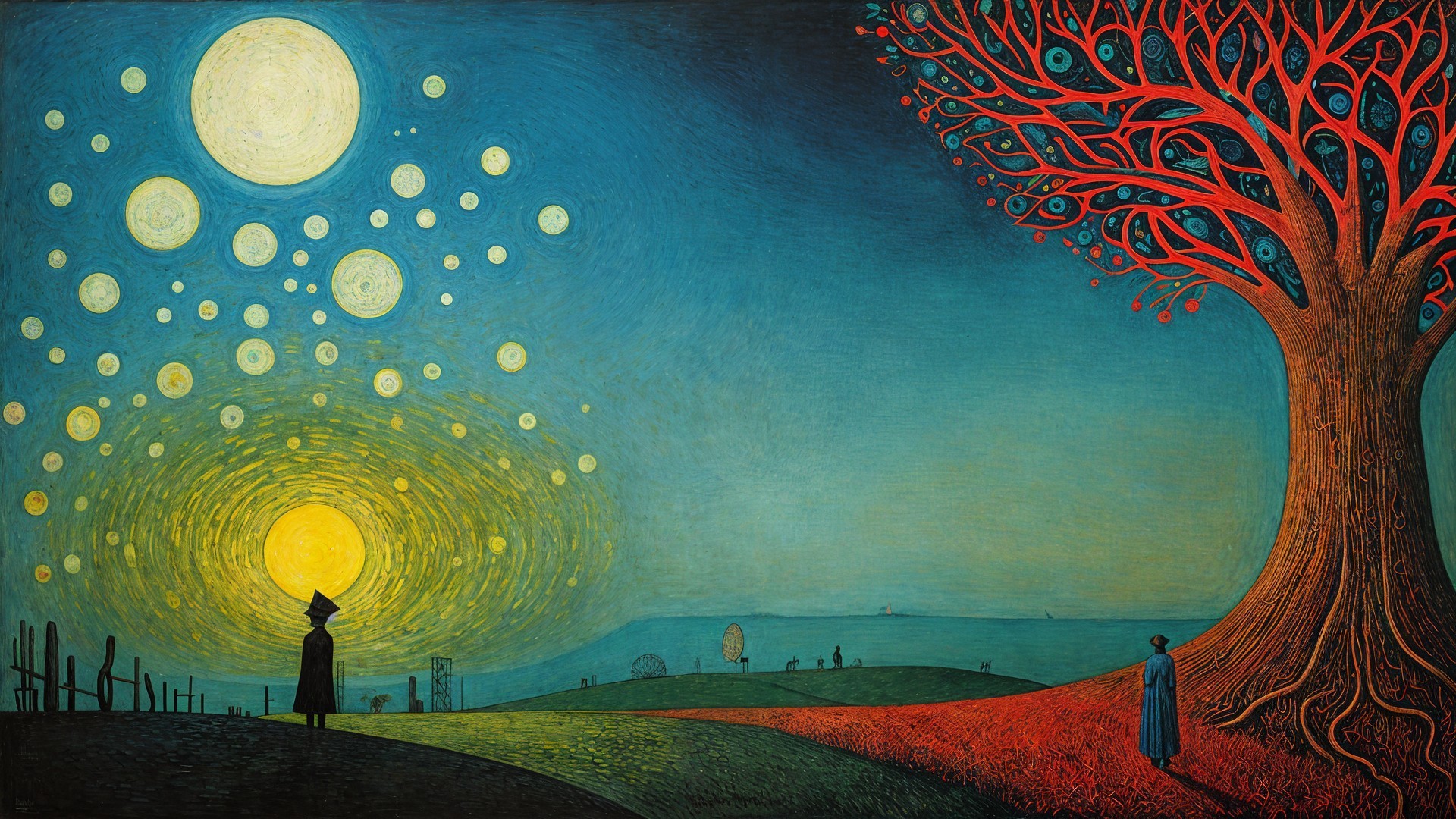 Surreal landscape with fiery sun and vibrant colors