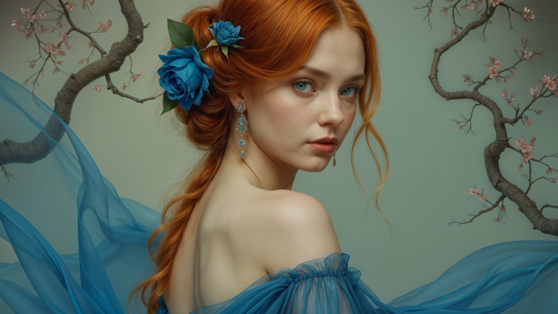 Young woman in blue gown with red hair and roses