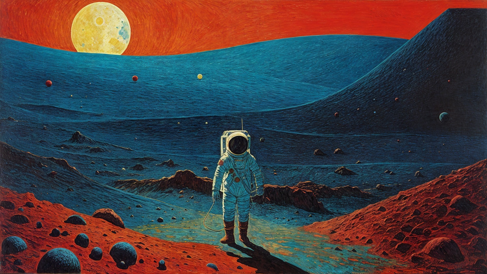 Astronaut on Rocky Landscape Under Vibrant Sky