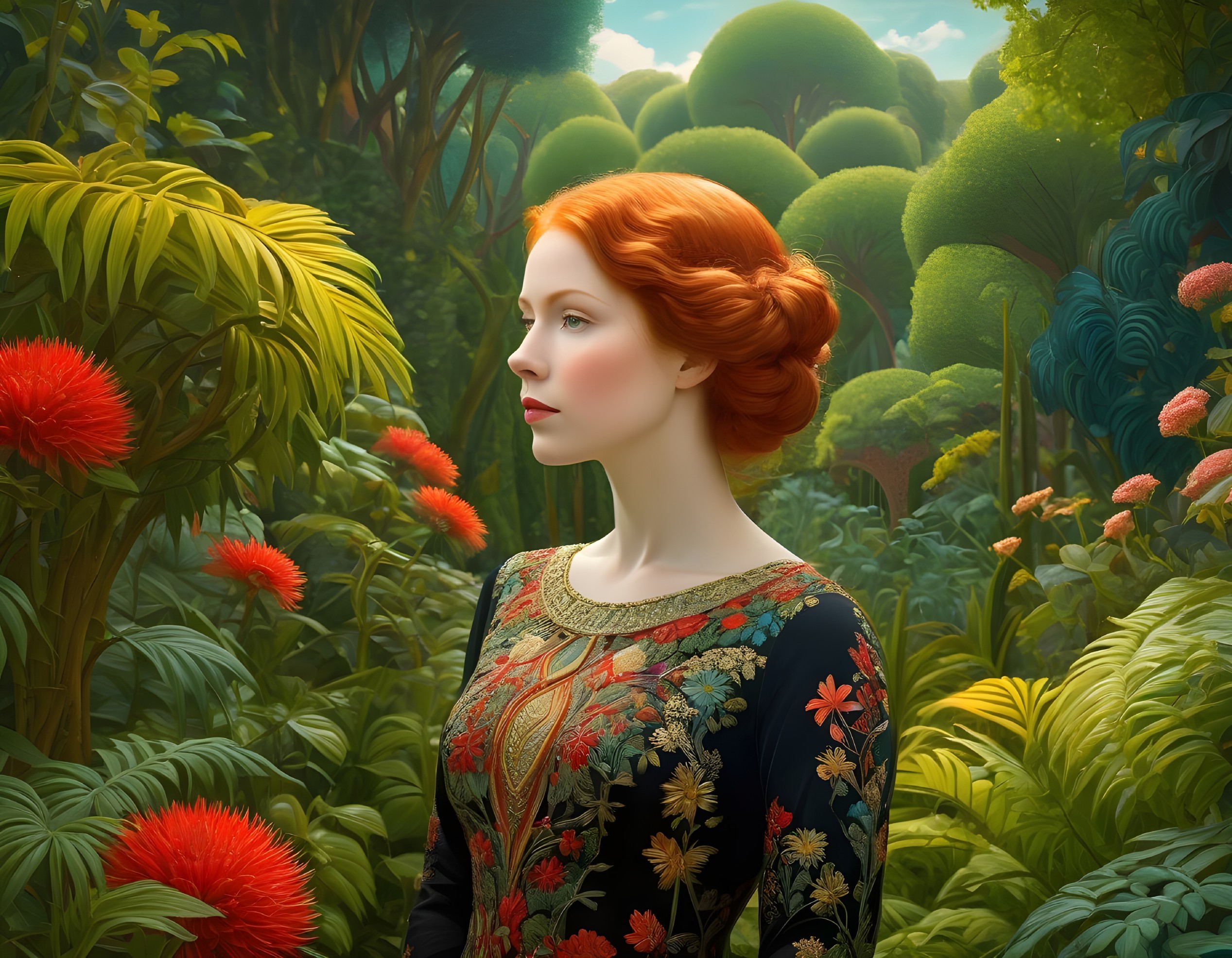Serene Woman with Red Hair in Vibrant Jungle Setting