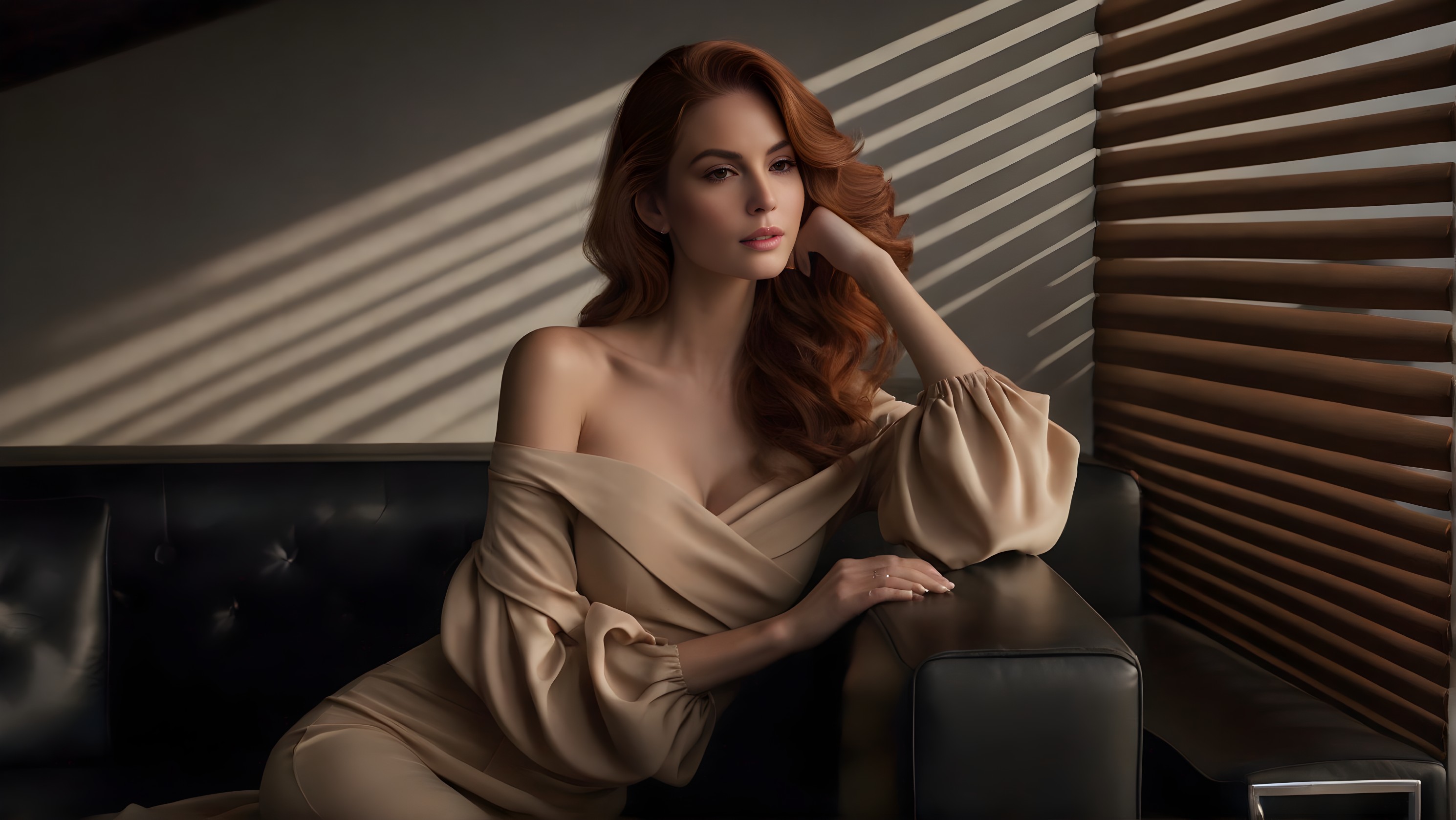 Sophisticated Woman on Black Sofa in Elegant Dress