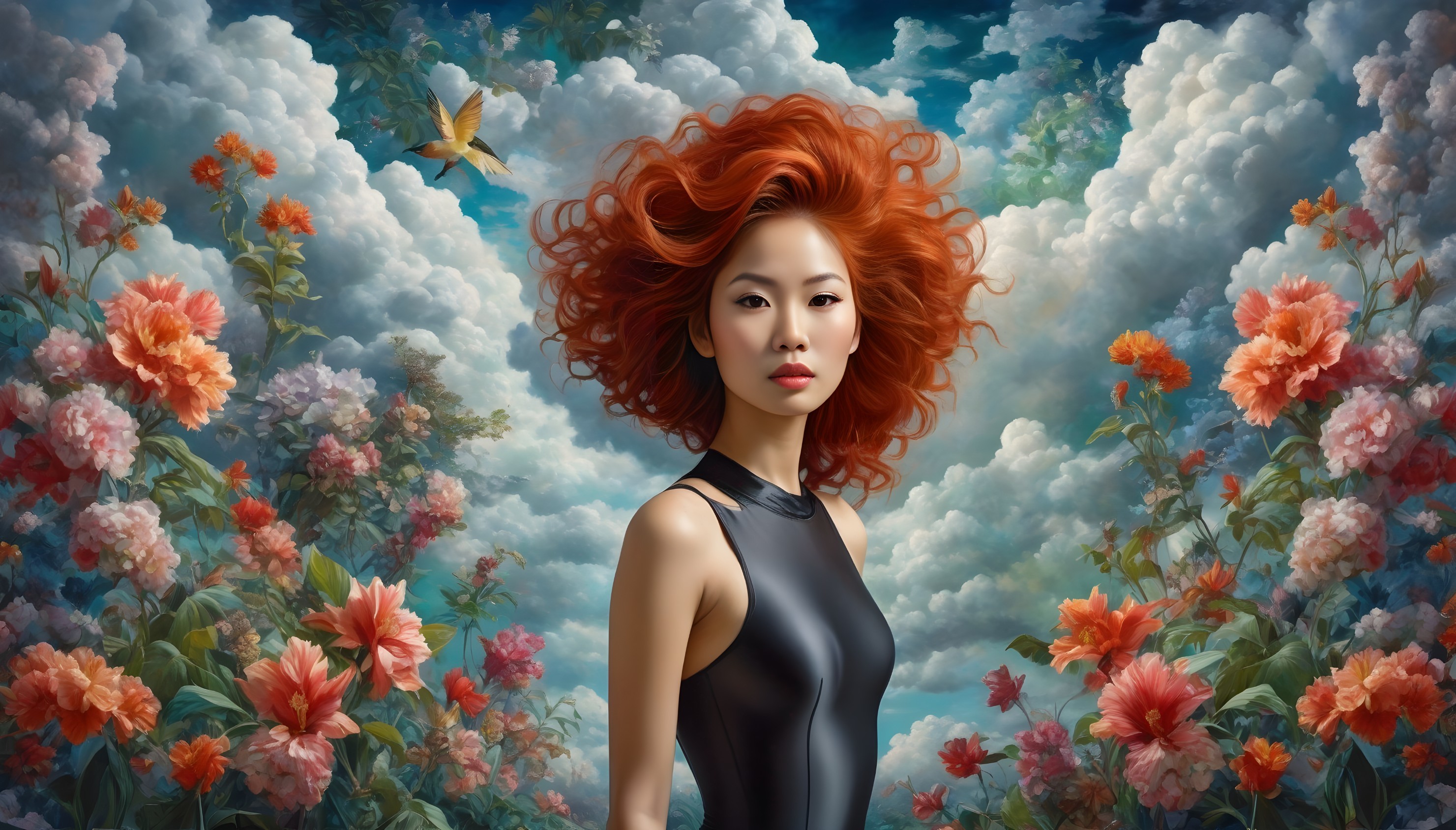Young Woman with Red Hair in Surreal Floral Scene