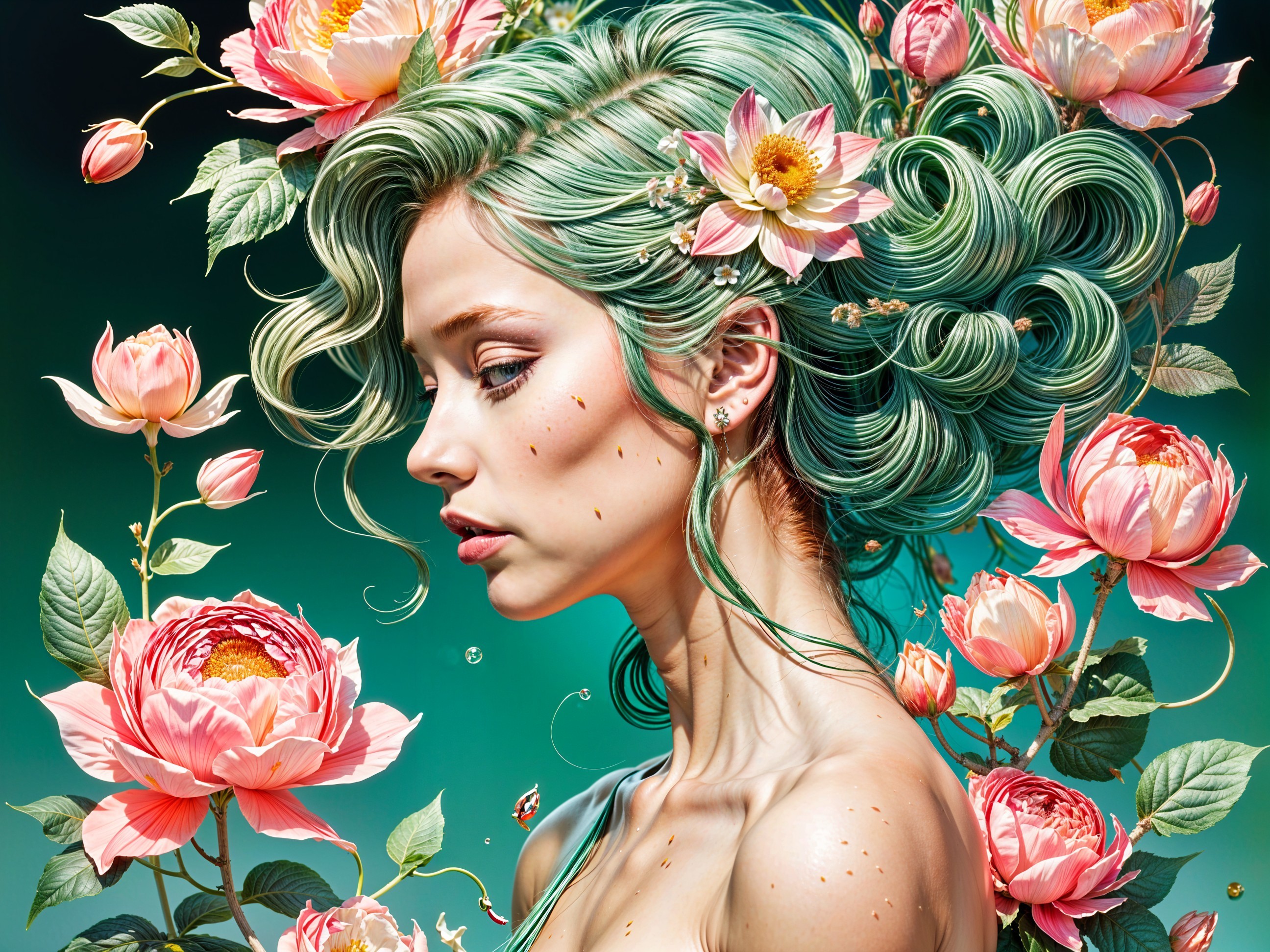Serene Woman with Turquoise Hair and Lotus Flowers