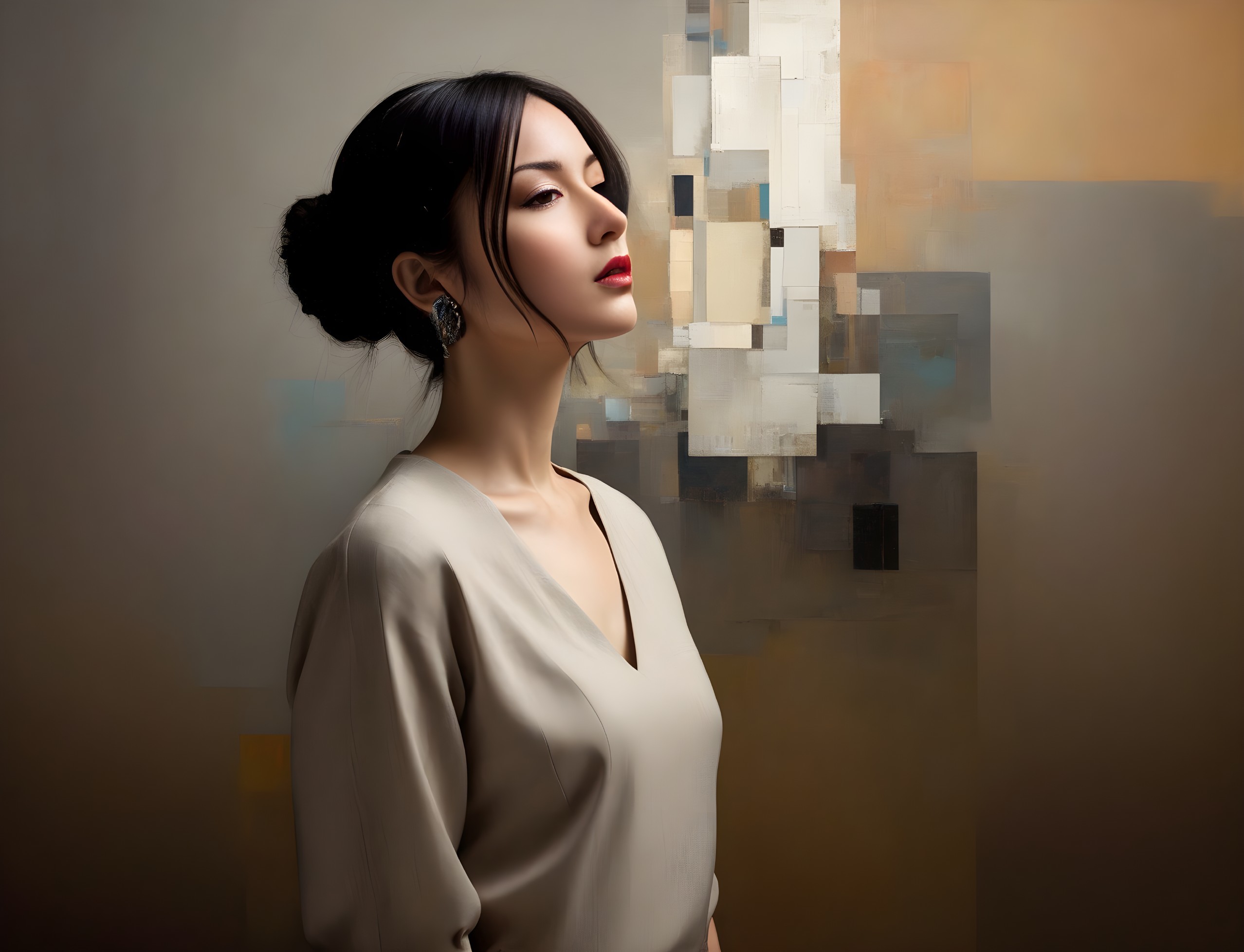 Young Woman in Chic Blouse Against Abstract Background