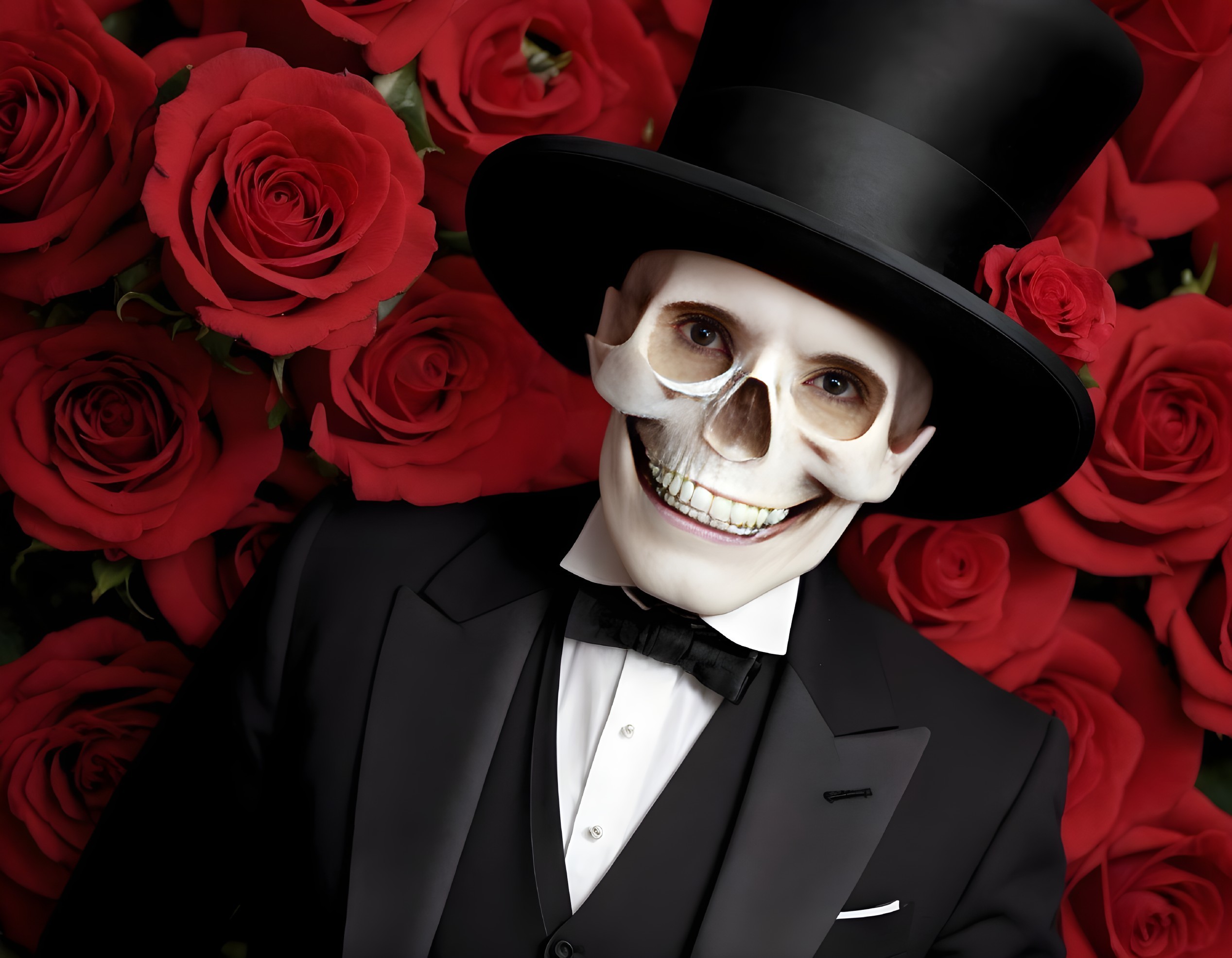 Skeletal Figure in Tuxedo Surrounded by Red Roses