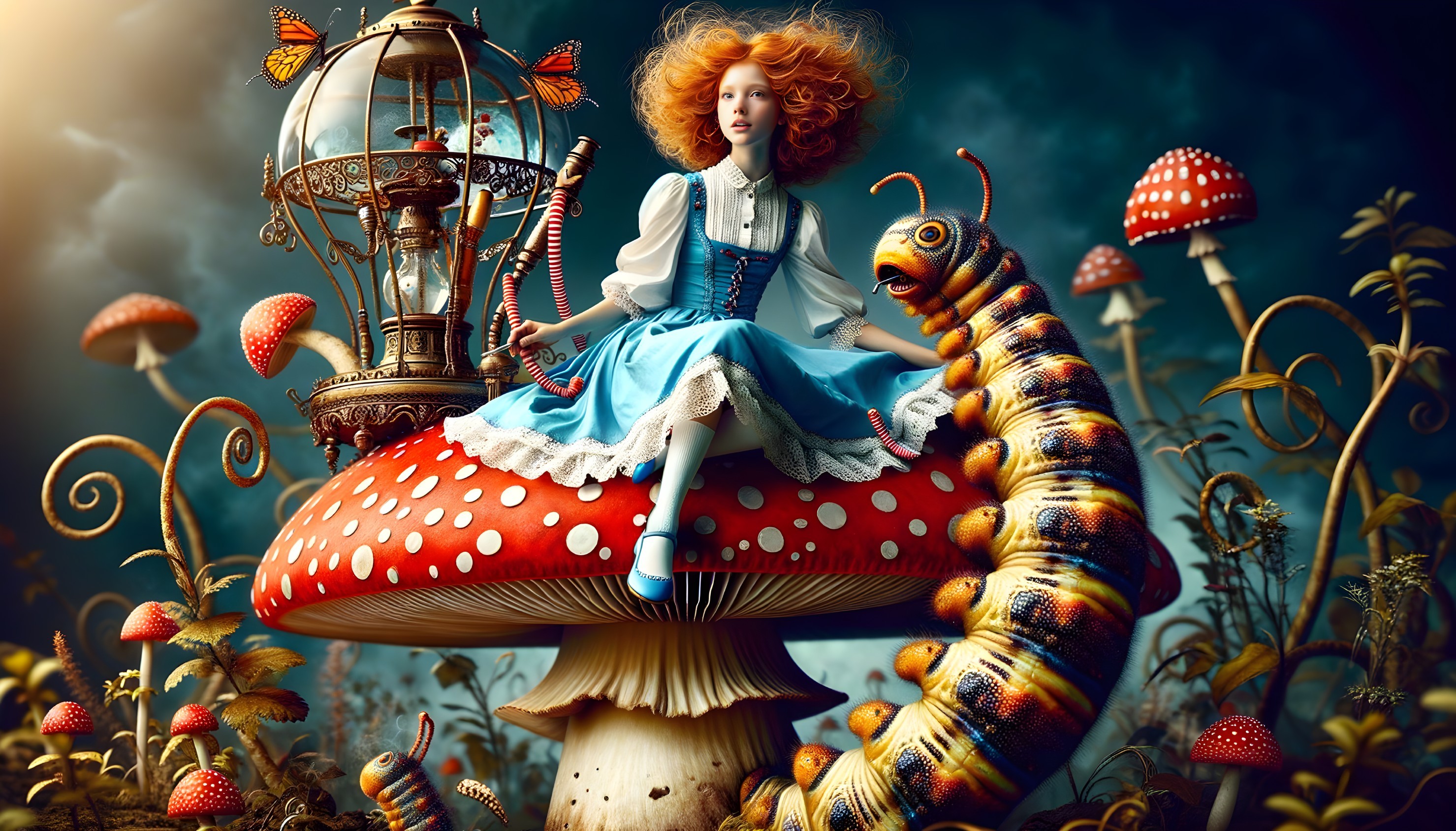 Young woman on mushroom with colorful caterpillar and flora