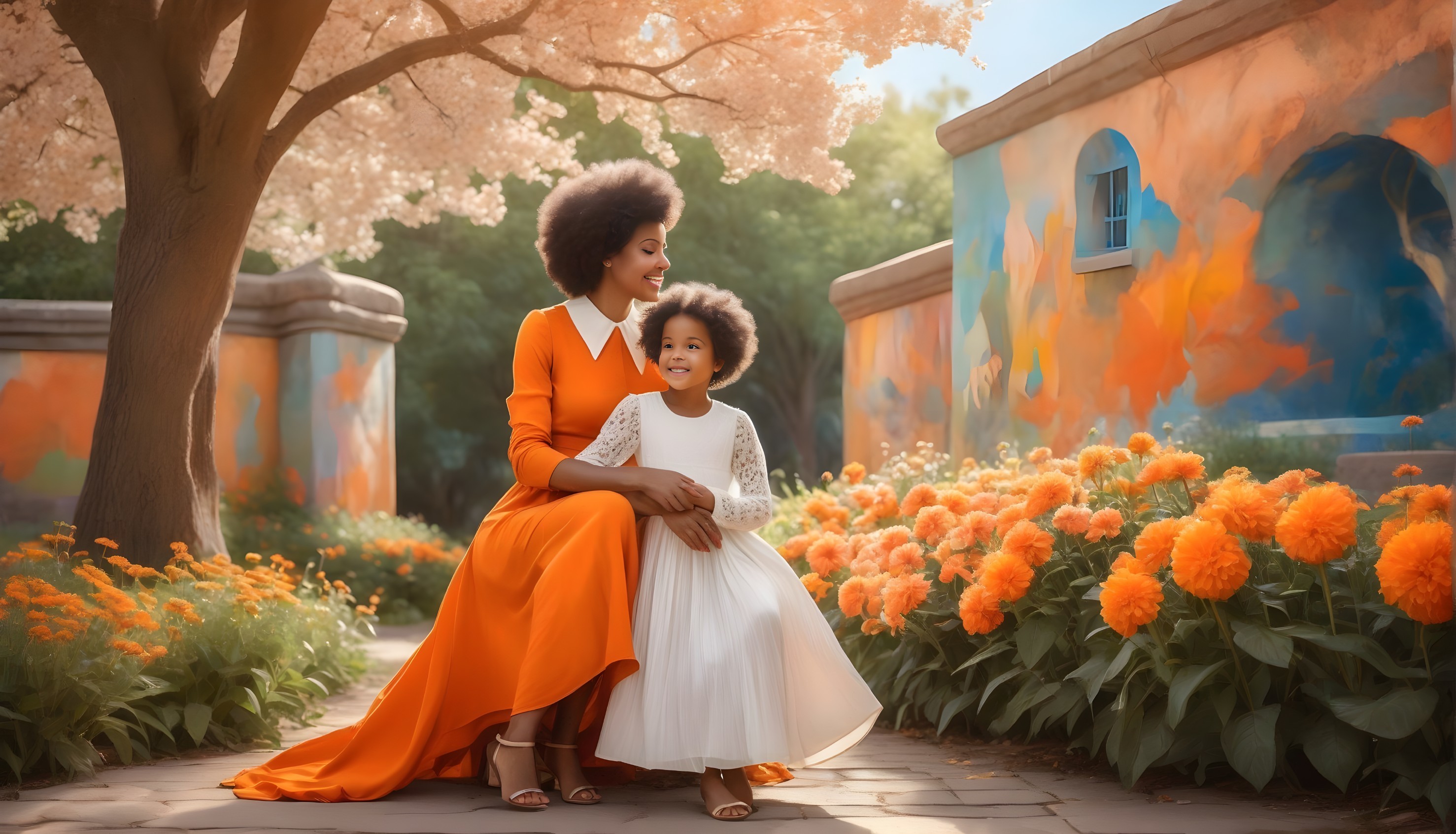 Mother and daughter in vibrant garden setting