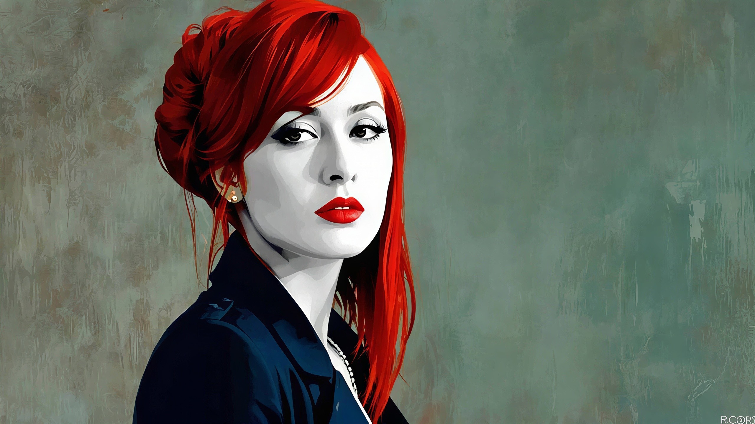 Digital Painting of a Woman with Red Hair and Teal Background