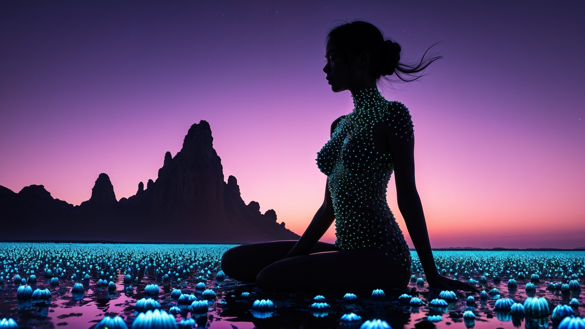 Silhouetted Figure Against Vibrant Sunset and Flowers