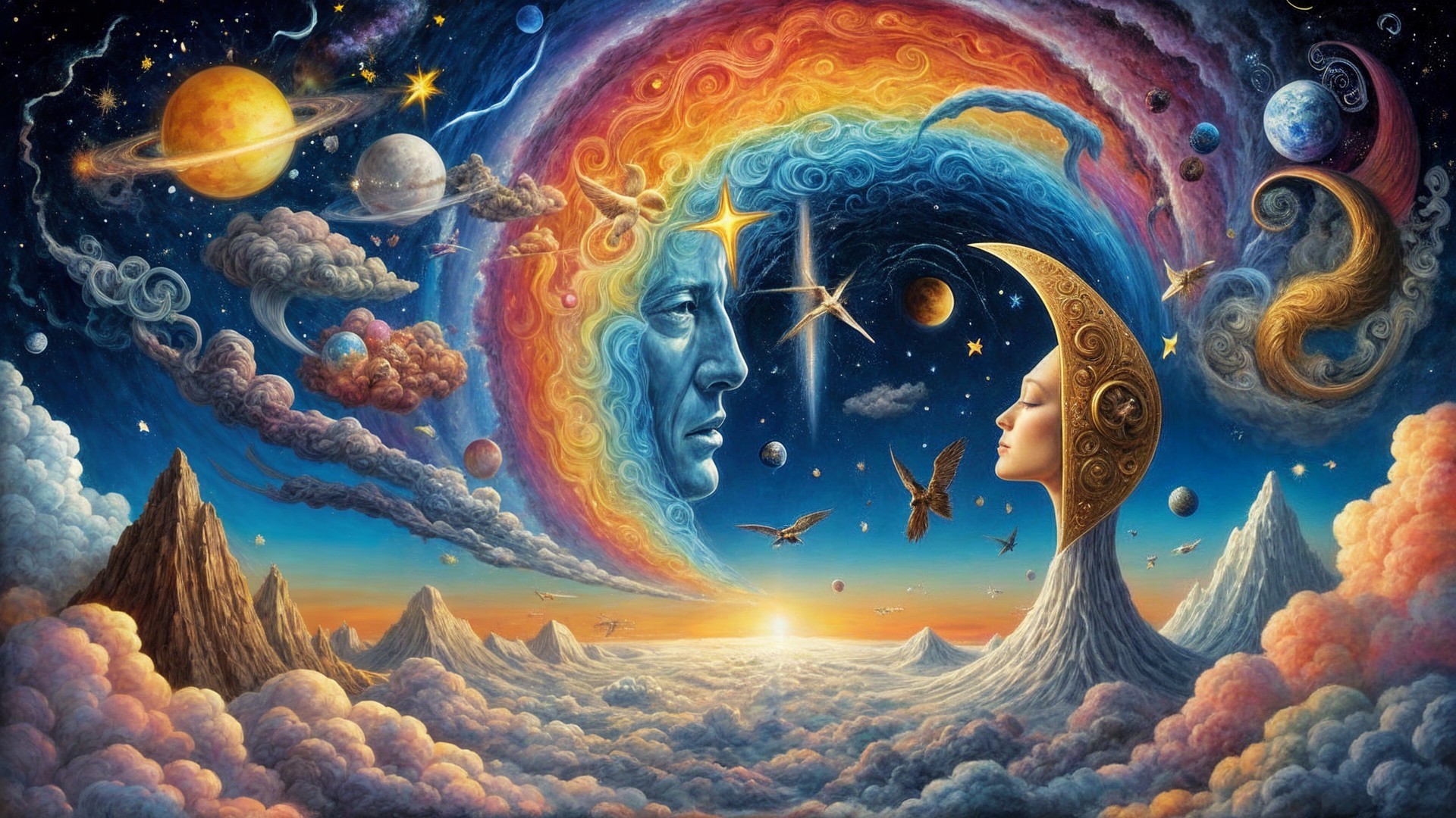 Cosmic Landscape with Rainbow and Celestial Elements