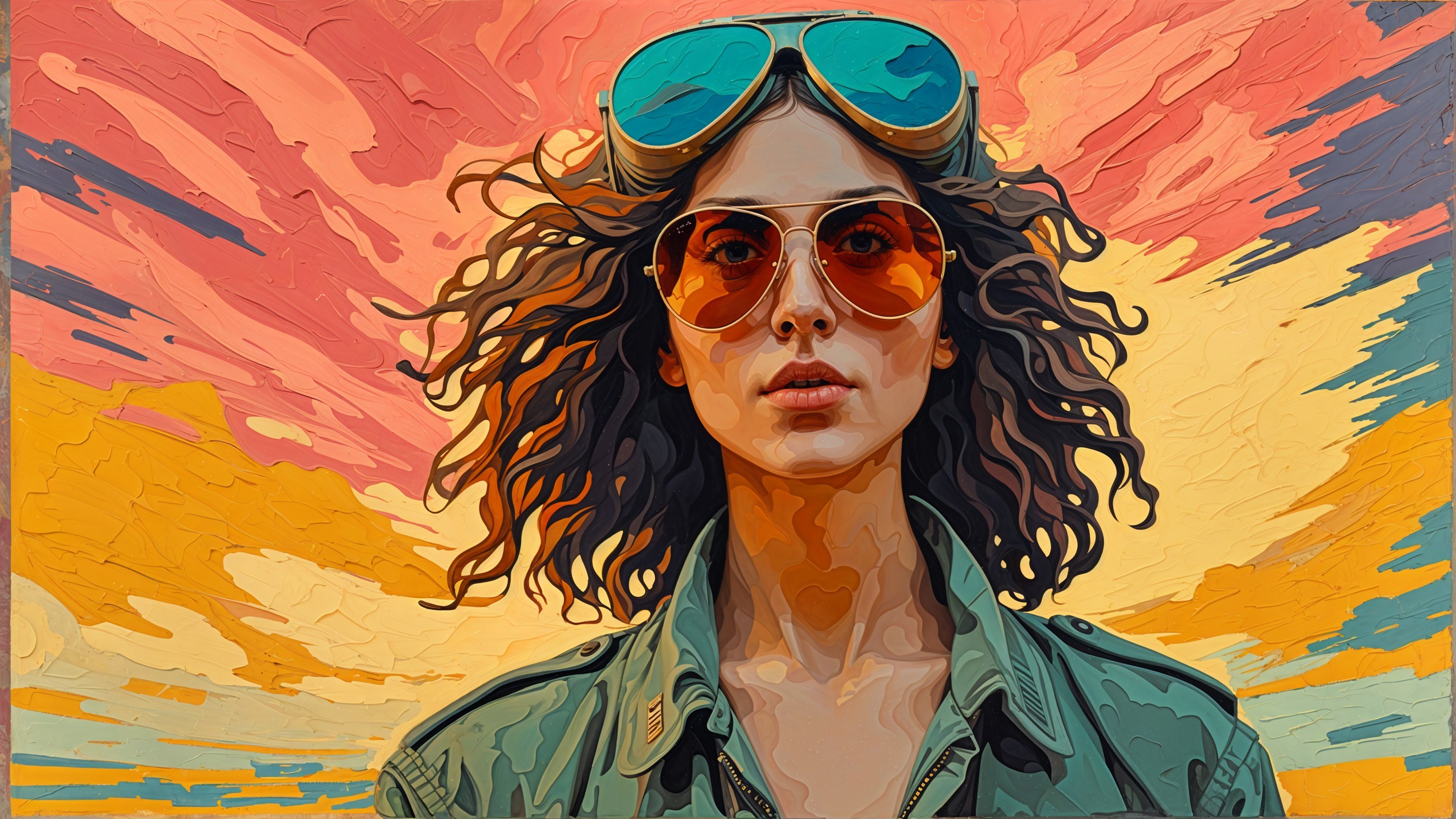 Artwork of a woman in sunglasses against a sunset backdrop