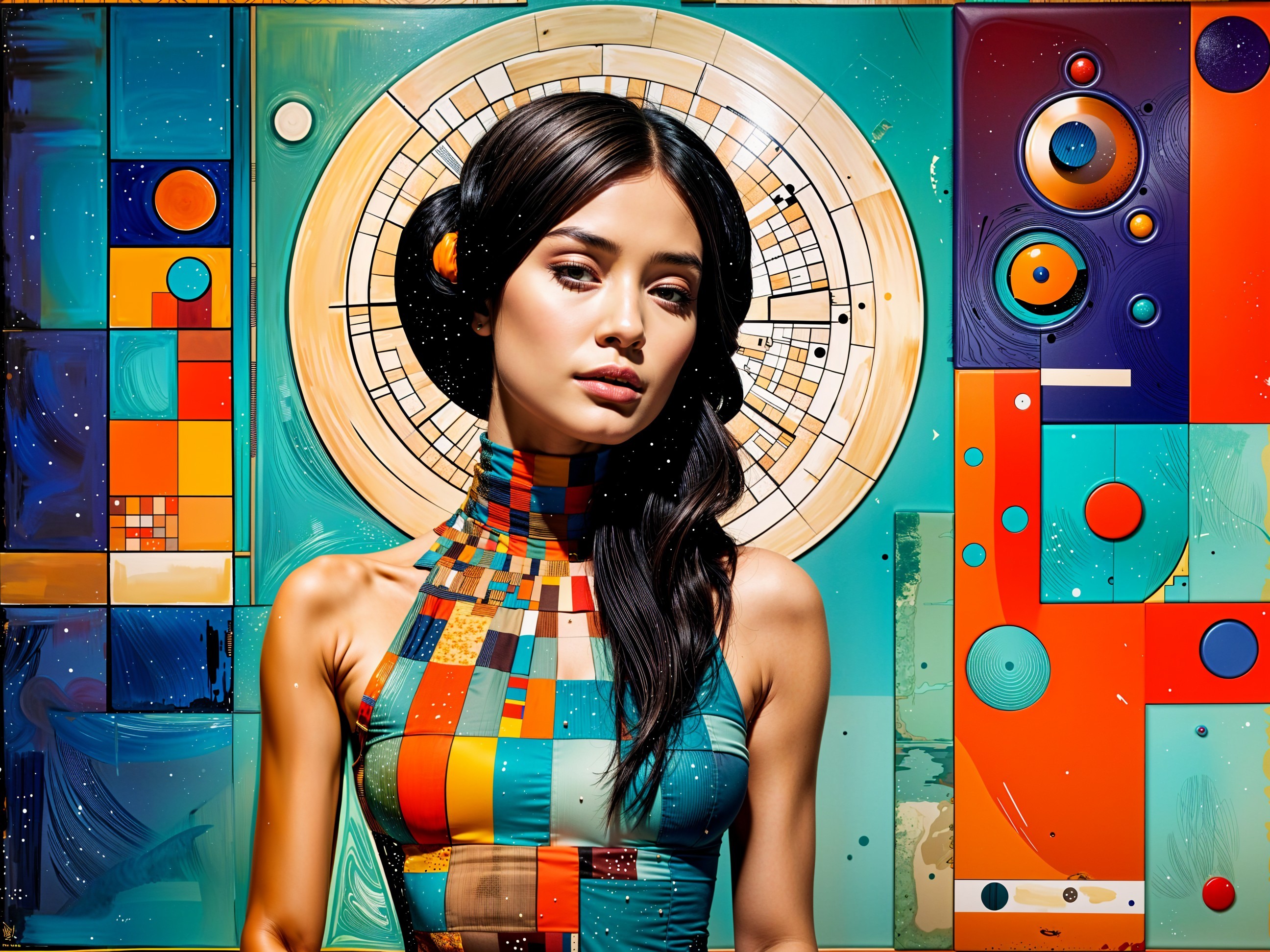 Elegant woman with sleek hair against abstract backdrop