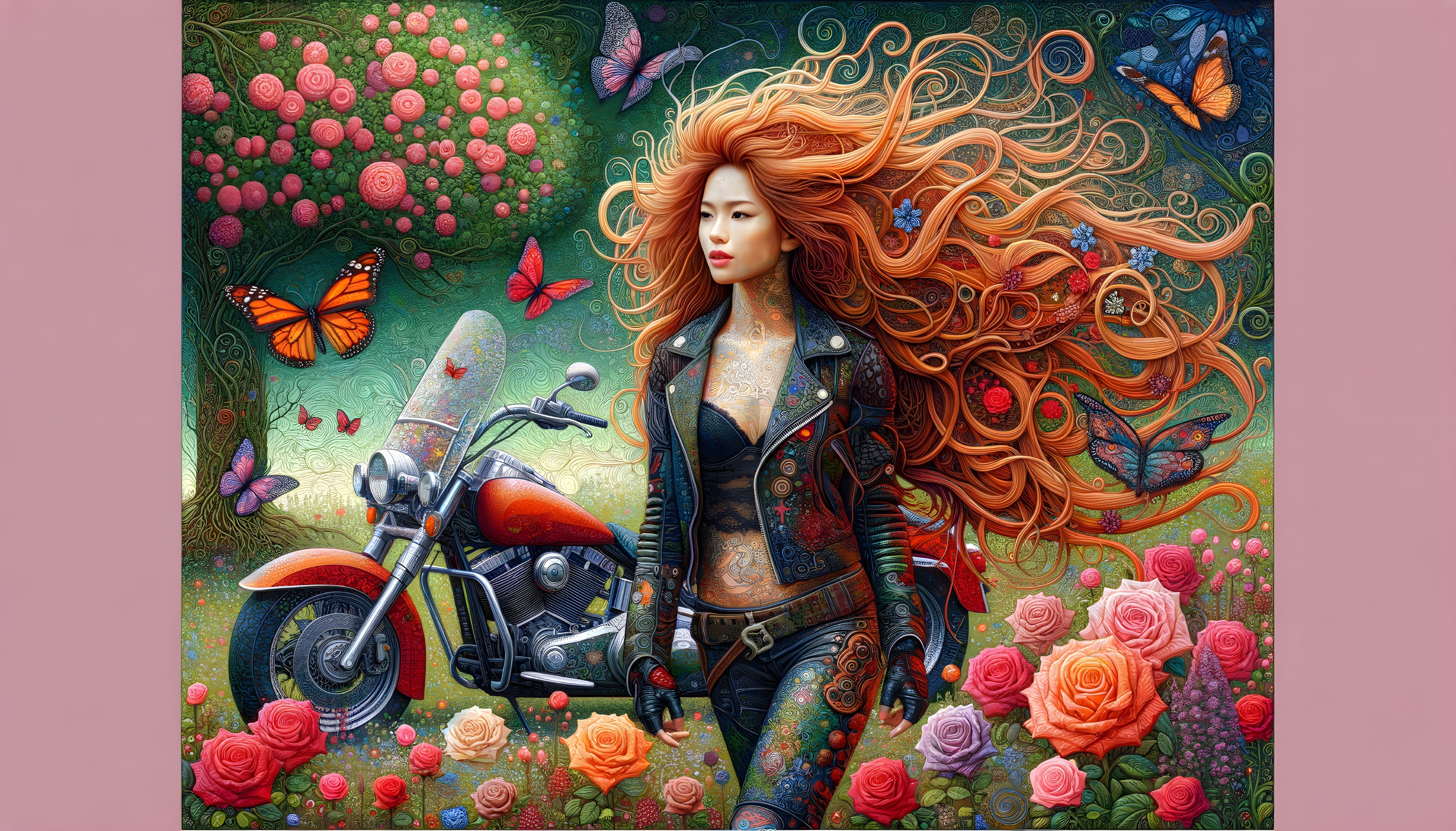 Vibrant Scene of Woman with Red Hair and Motorcycle