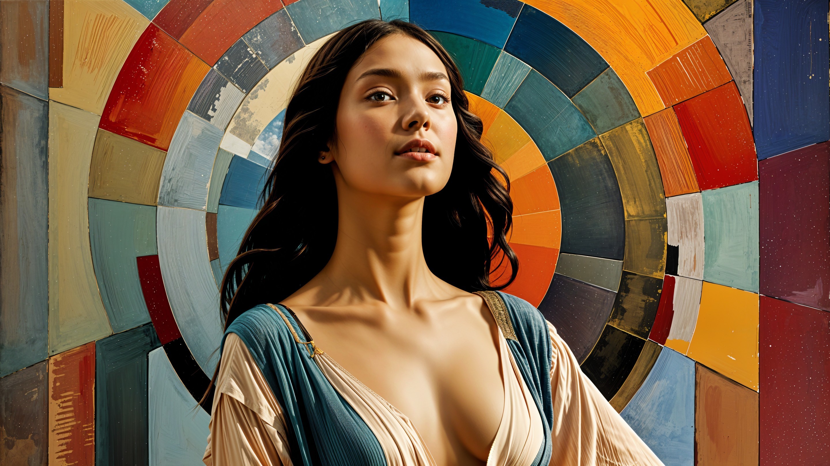 Serene Young Woman with Colorful Circular Background