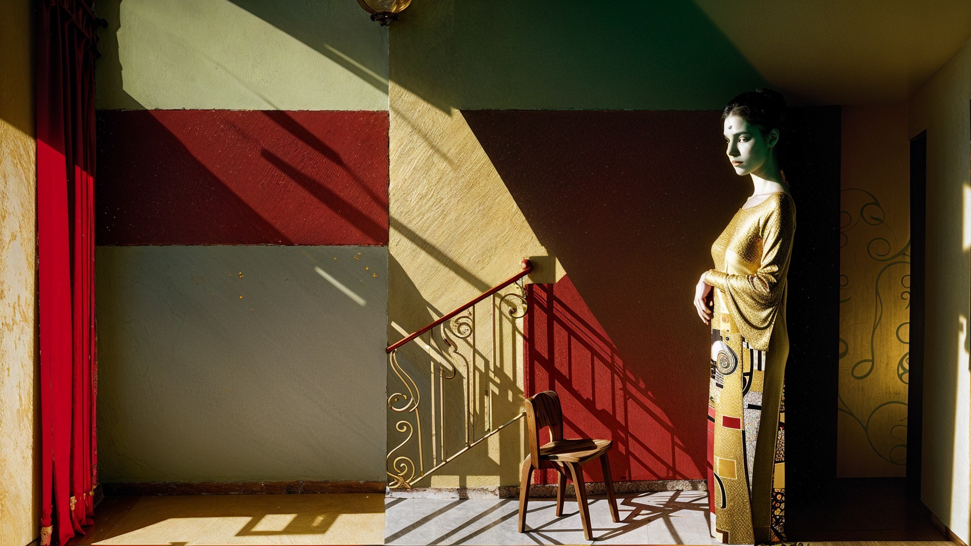 Golden Statue Against Colorful Shadows