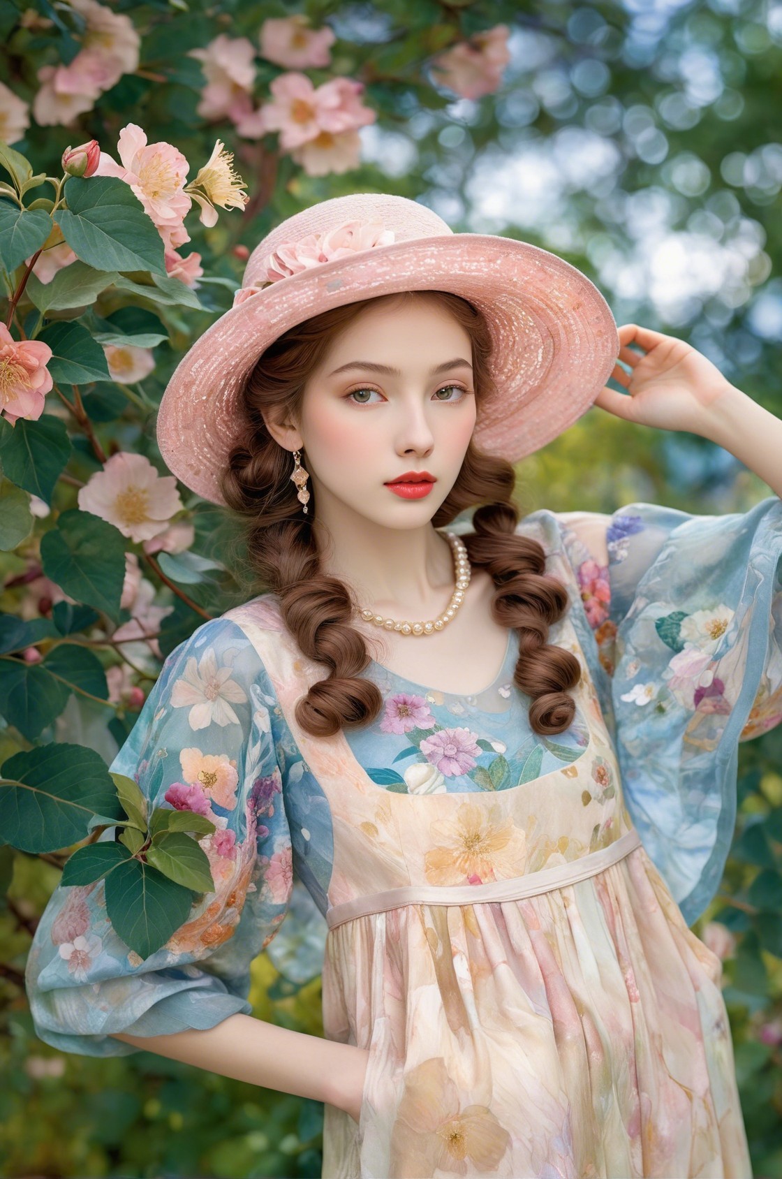 Young Woman in Floral Dress Among Blooming Flowers