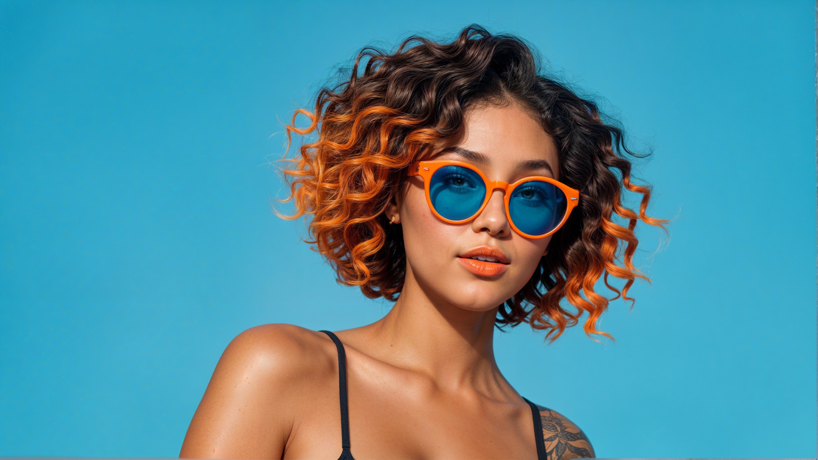 Young woman with curly hair and stylish sunglasses