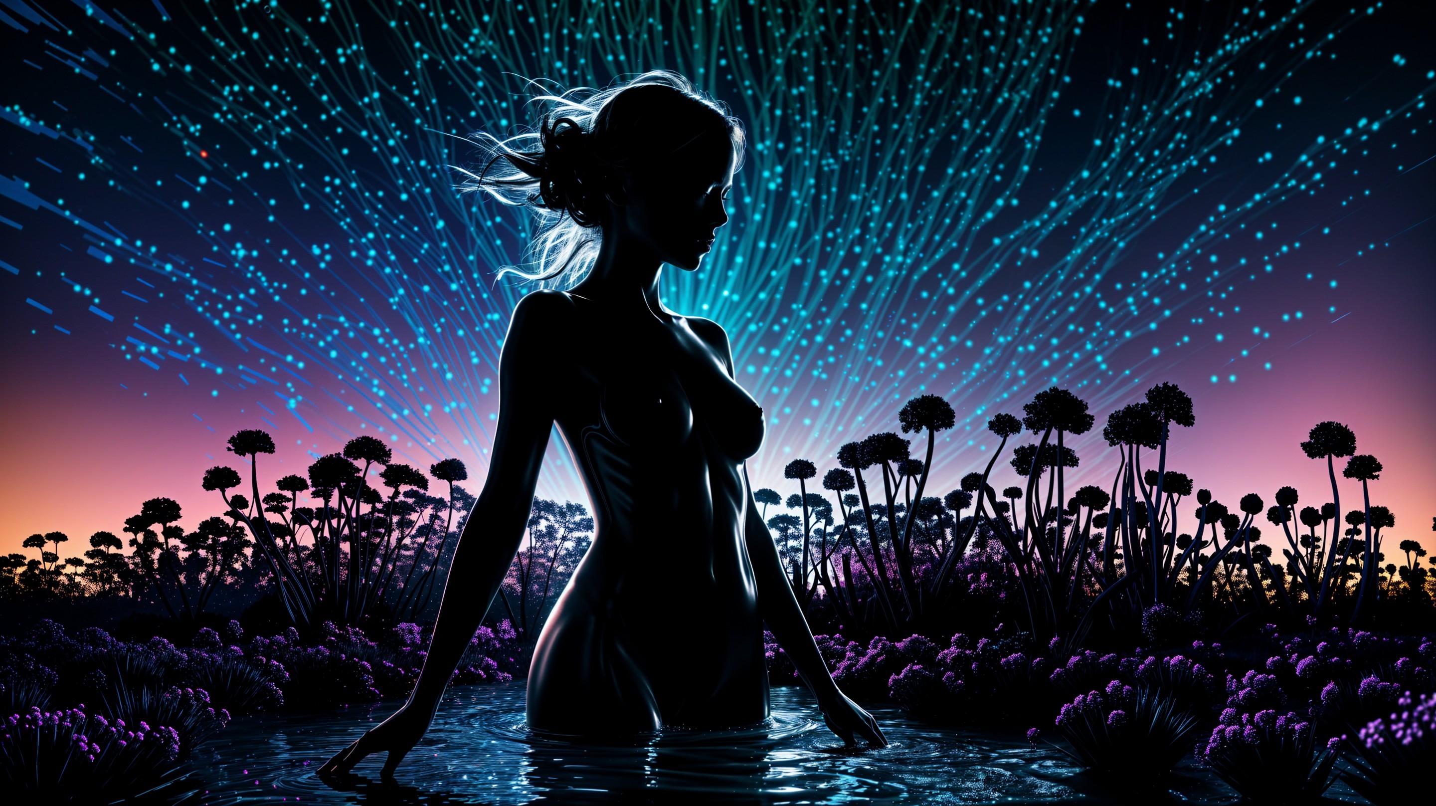 Silhouetted Figure in Tranquil Floral Landscape