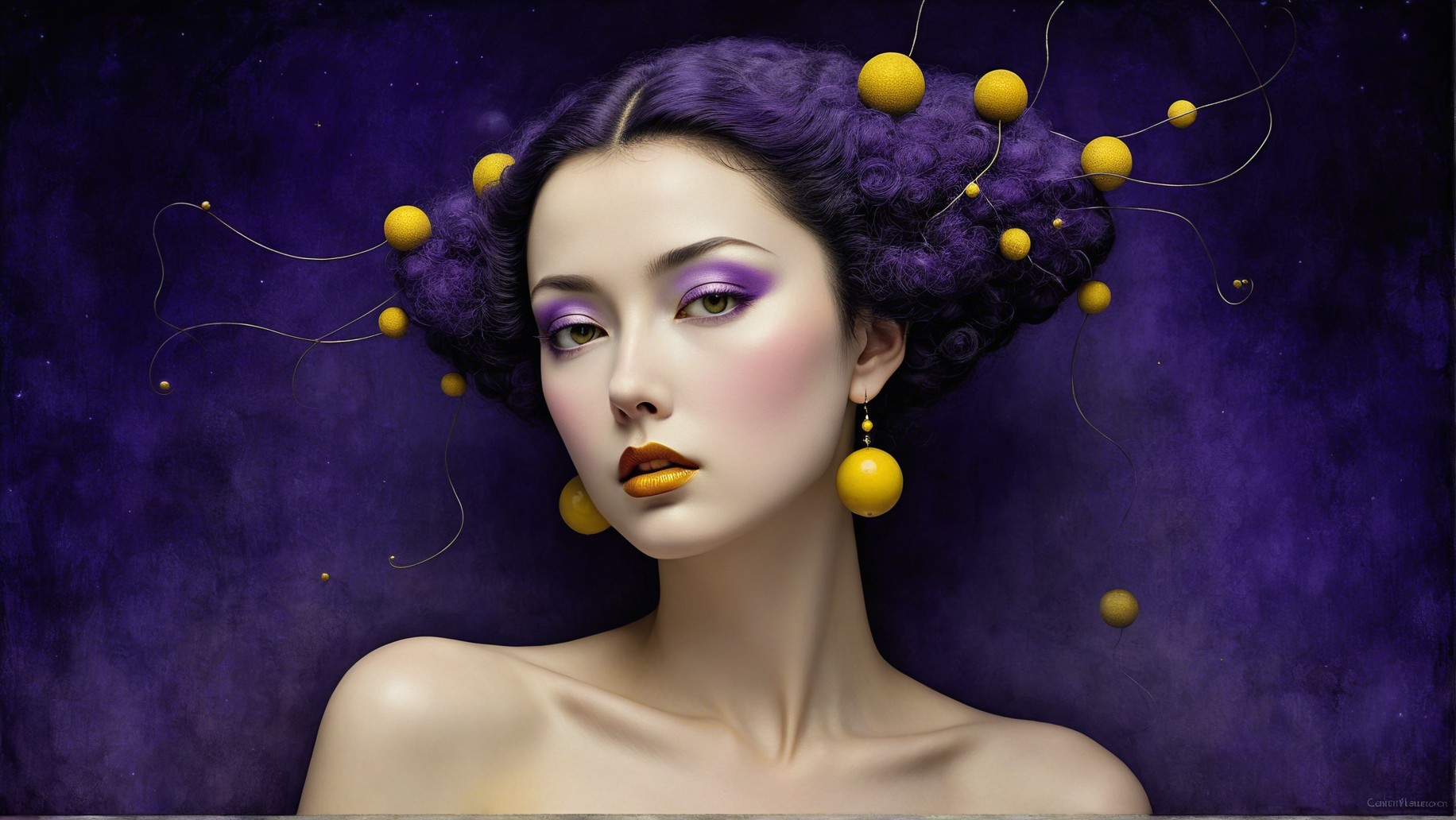 Portrait of a woman with purple hair and golden accents