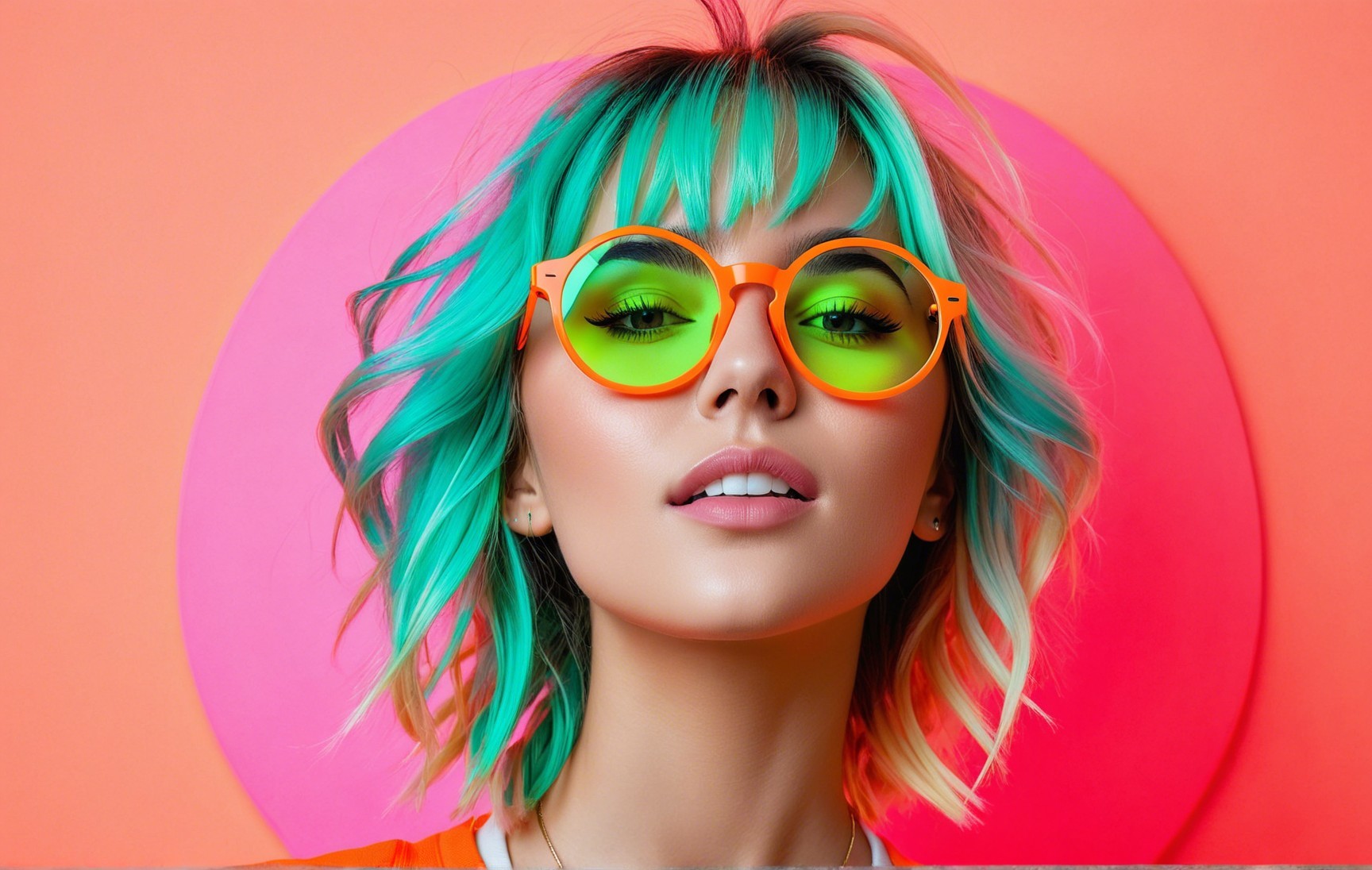 Young woman with teal hair and oversized sunglasses