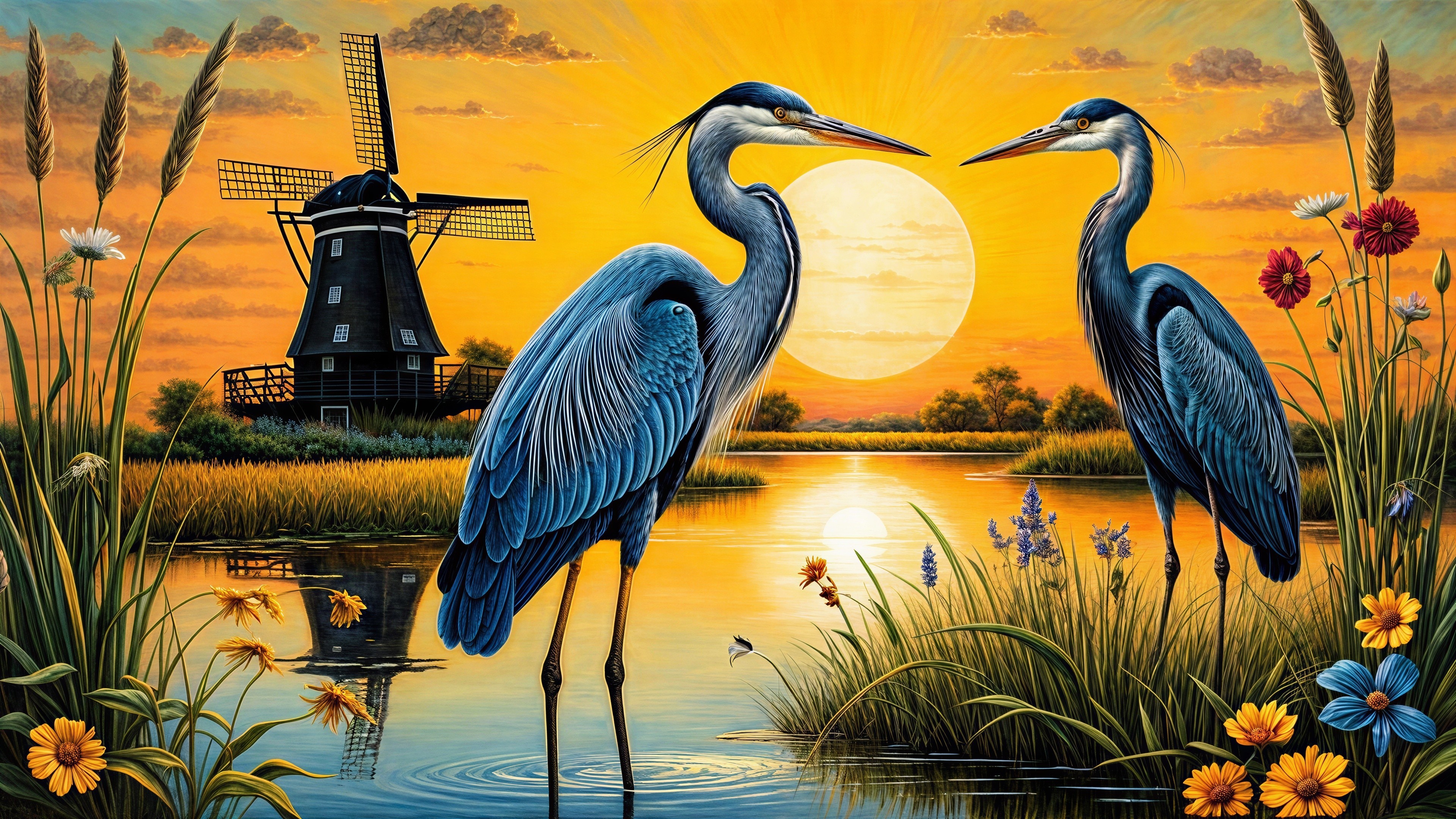 Herons by a River at Sunset with Wildflowers and Windmill