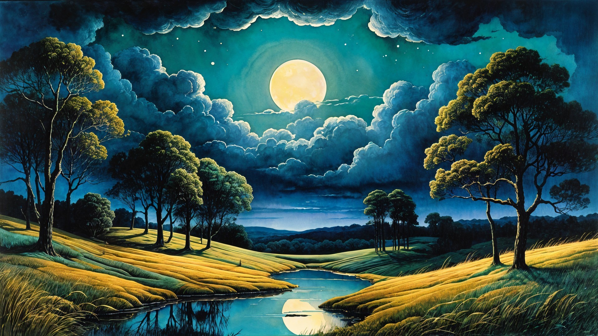 Tranquil Moonlit Landscape with Gentle Hills and River