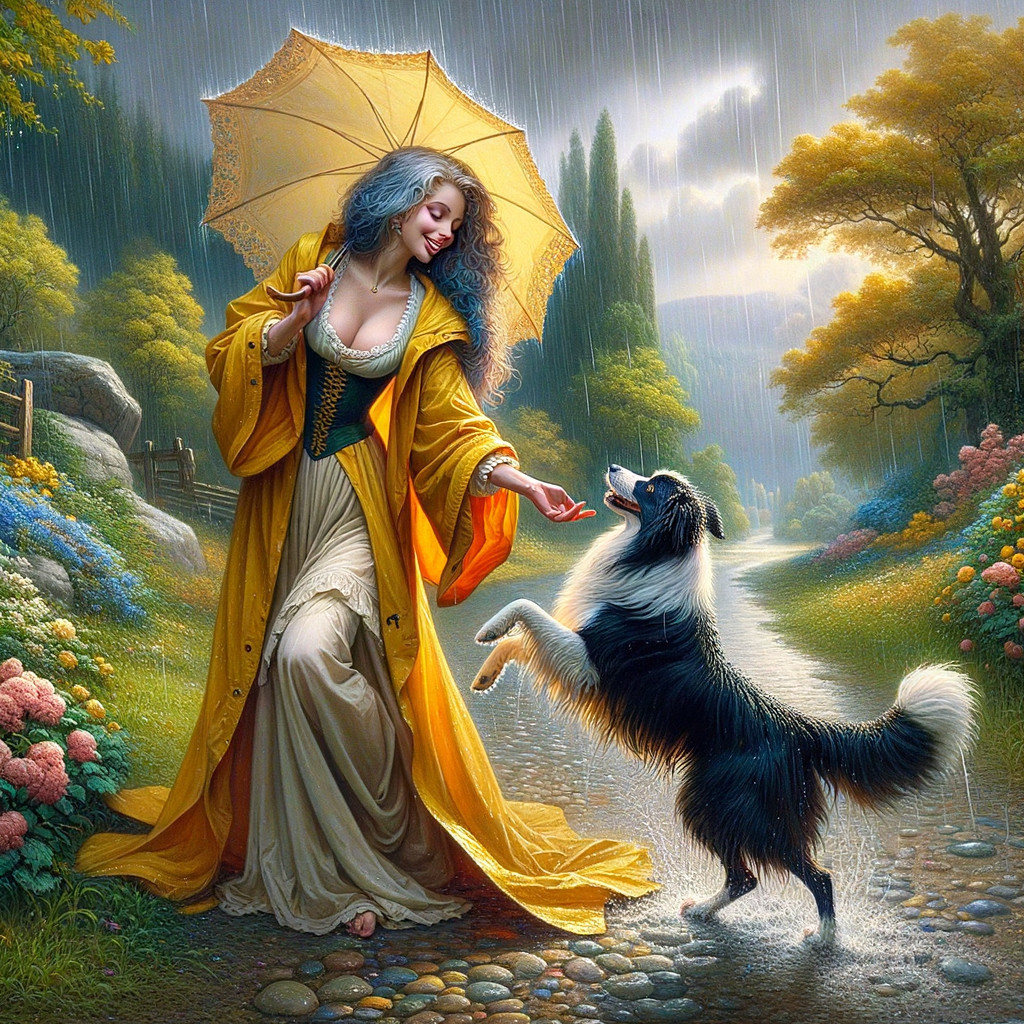 Woman in Yellow Gown with Dog in Rainy Landscape