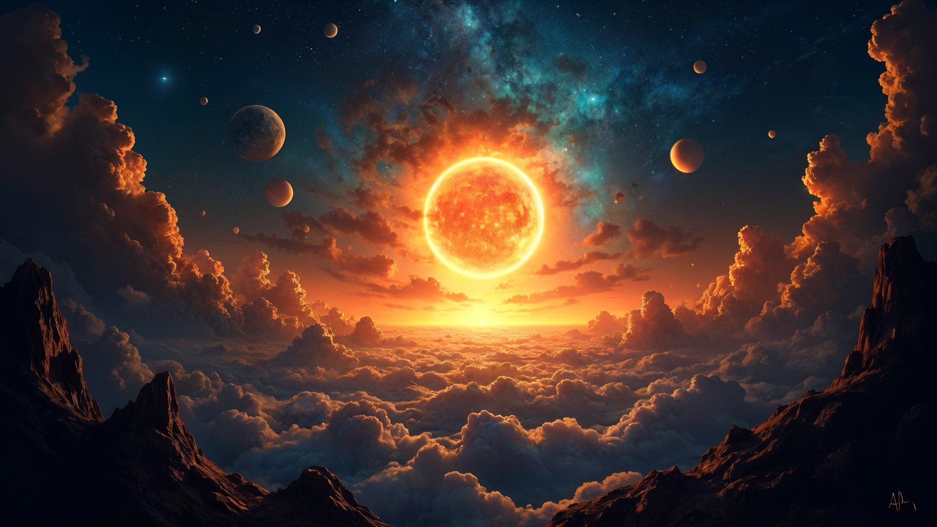Vibrant Cosmic Scene with Sun, Clouds, and Mountains