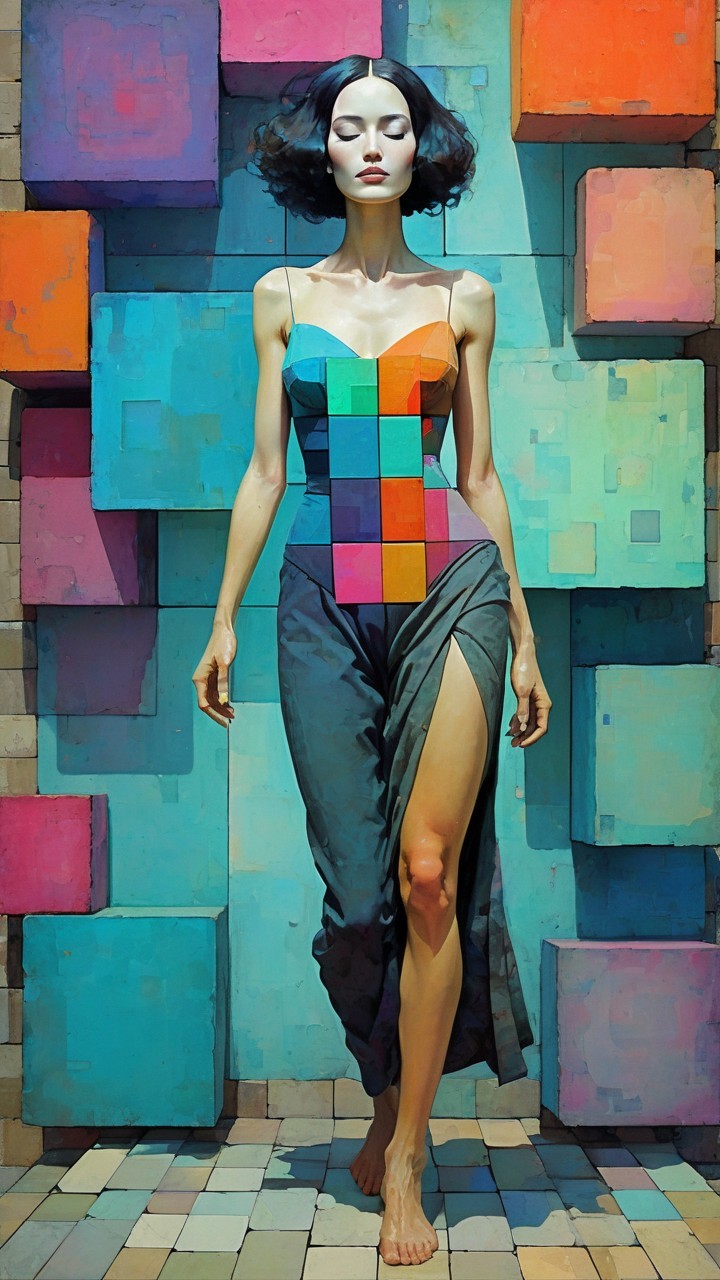 Model in Vibrant Patchwork Dress Against Geometric Backdrop