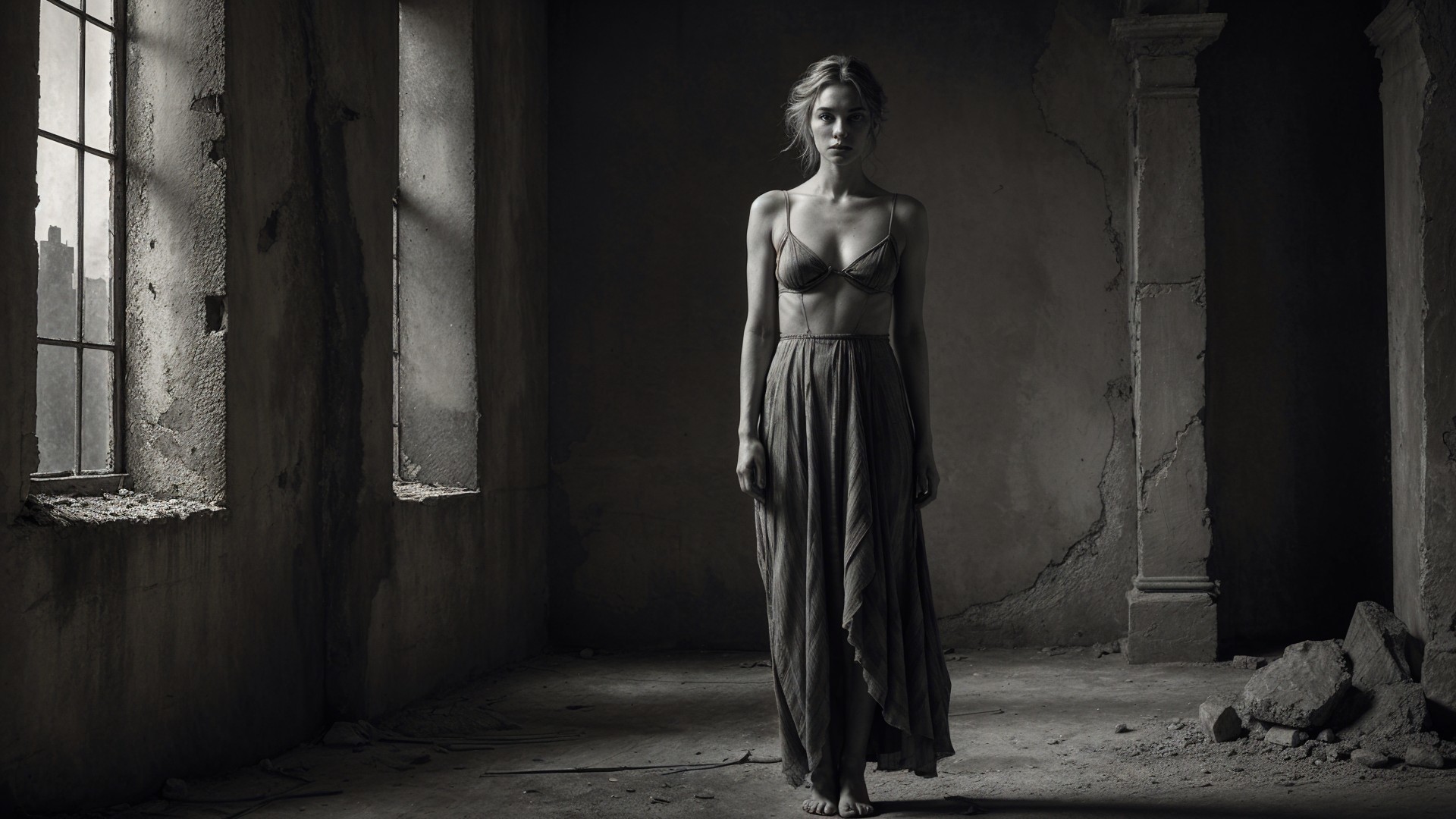 Solitary Woman in Abandoned Space with Dim Lighting