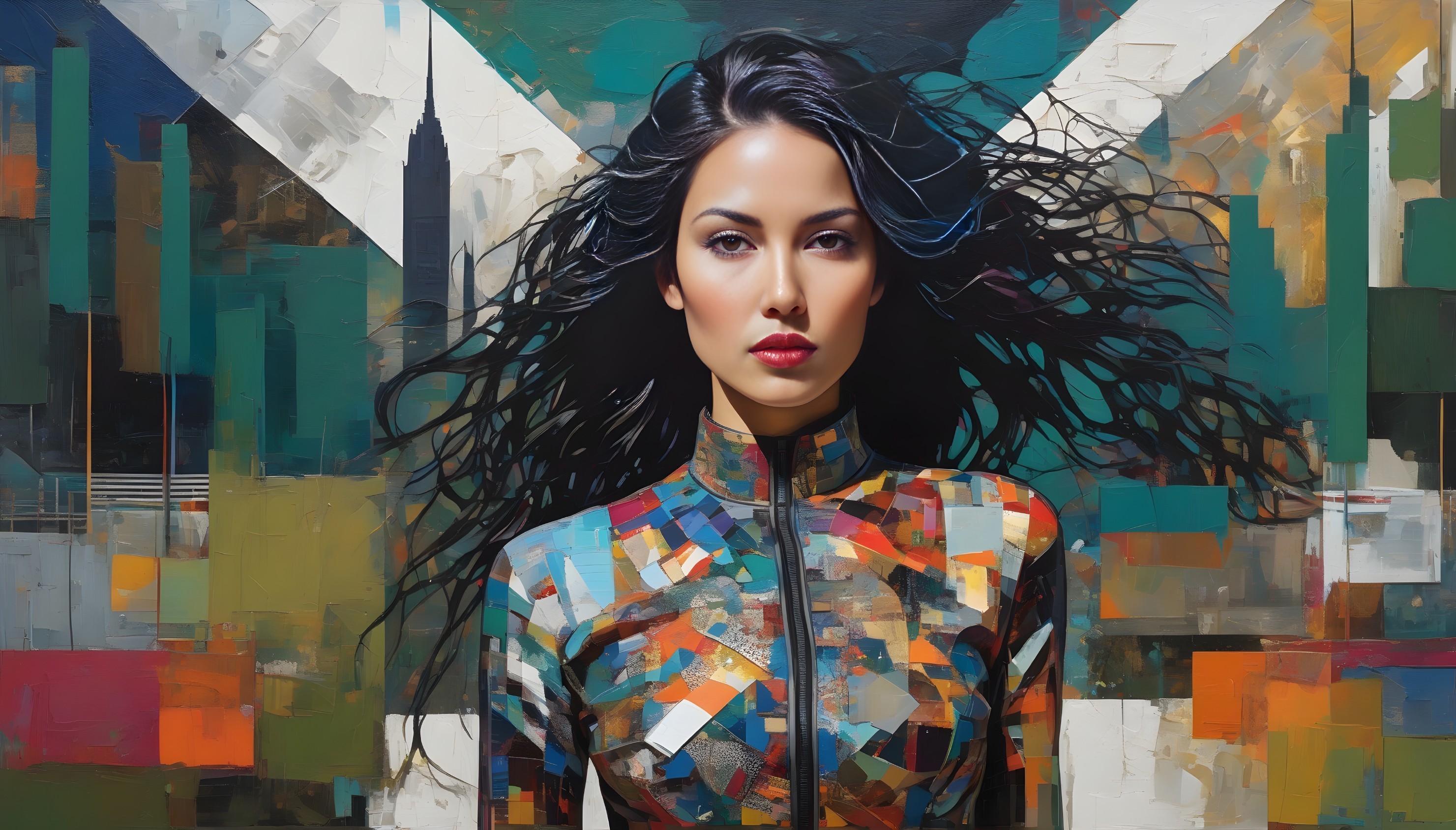 Portrait of a Woman with Abstract Cityscape Background