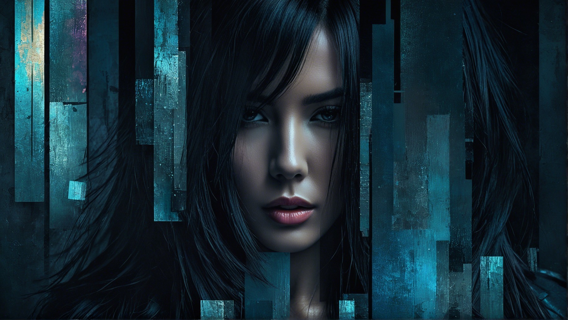 Portrait of a Young Woman with Dark Hair and Abstract Background