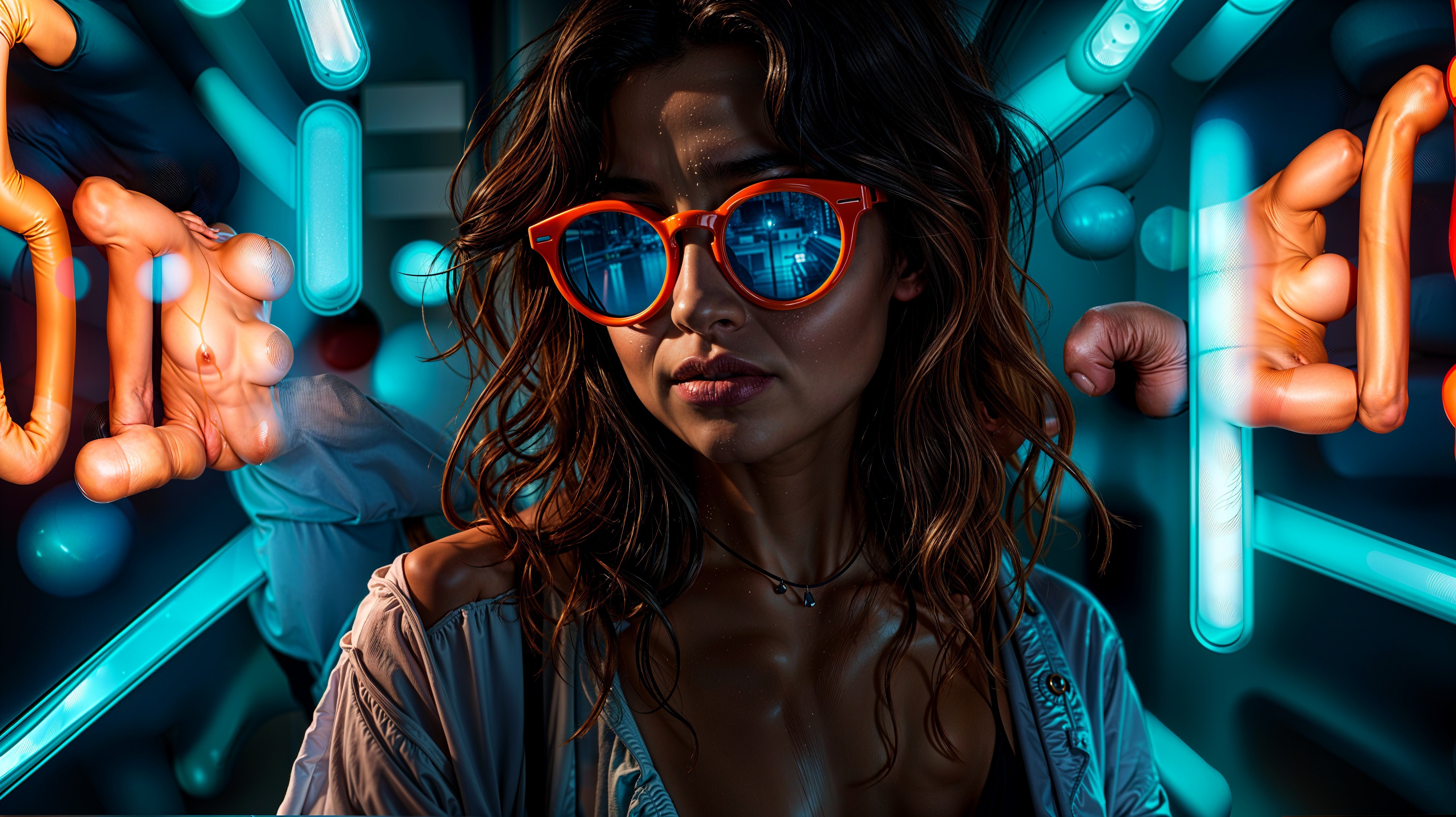 Young woman in orange sunglasses in neon-lit setting