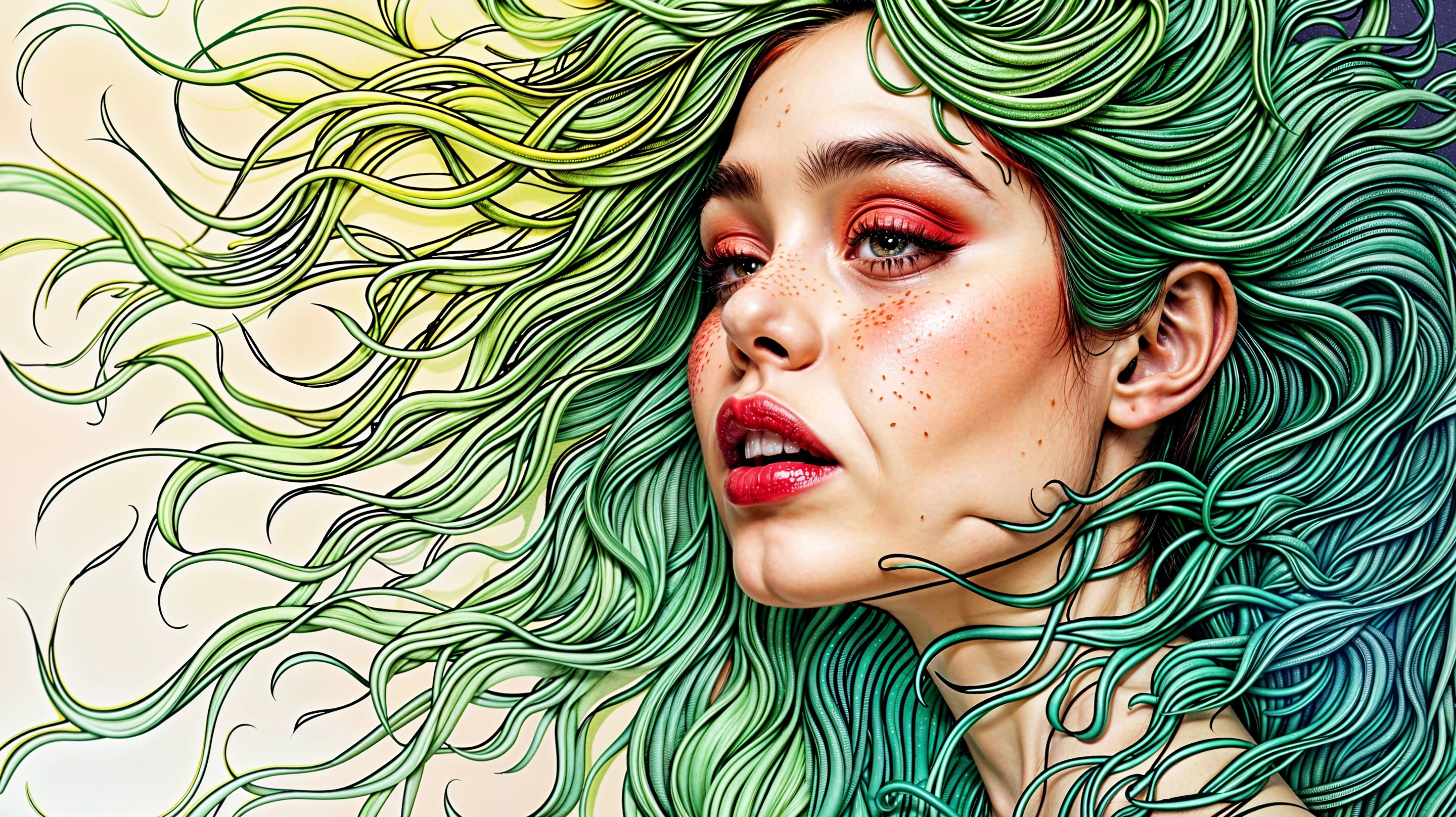 Woman with Green Hair and Bold Red Makeup