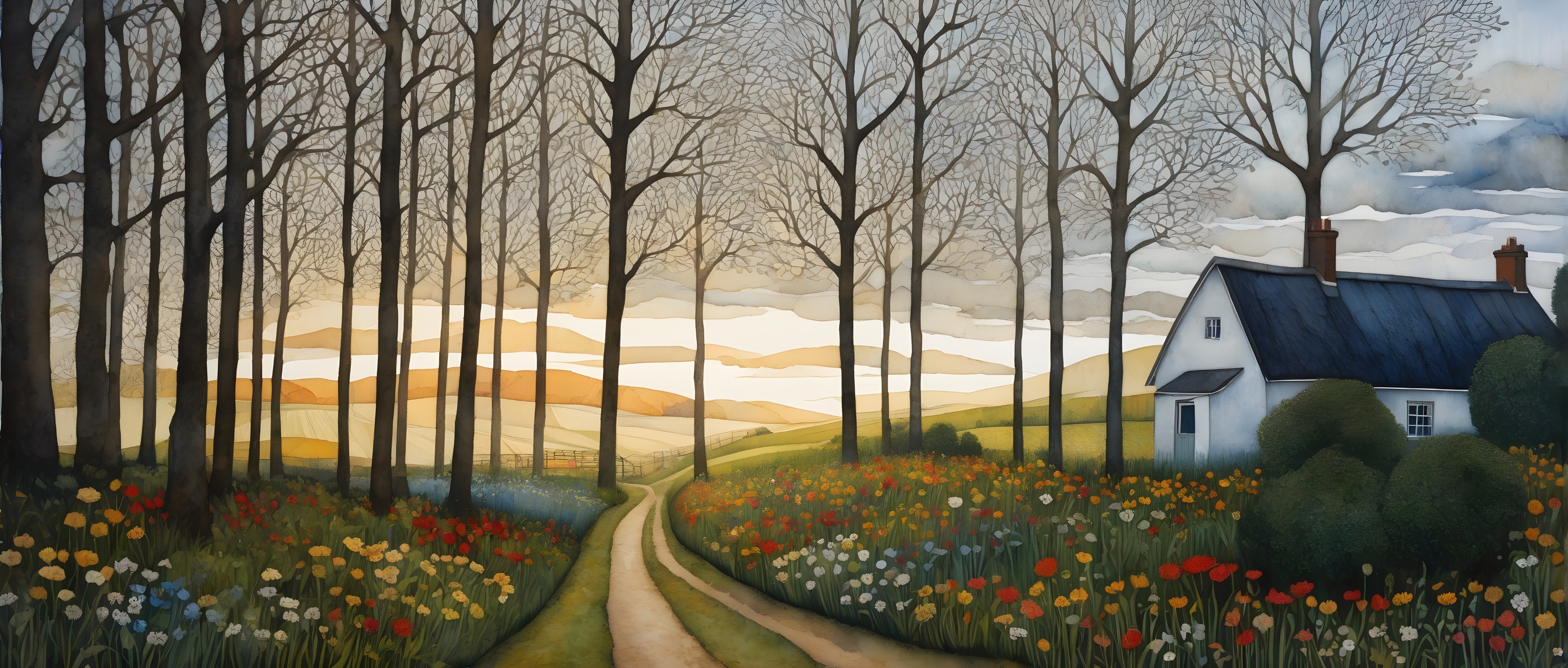 Serene Landscape with Winding Path and Vibrant Meadow