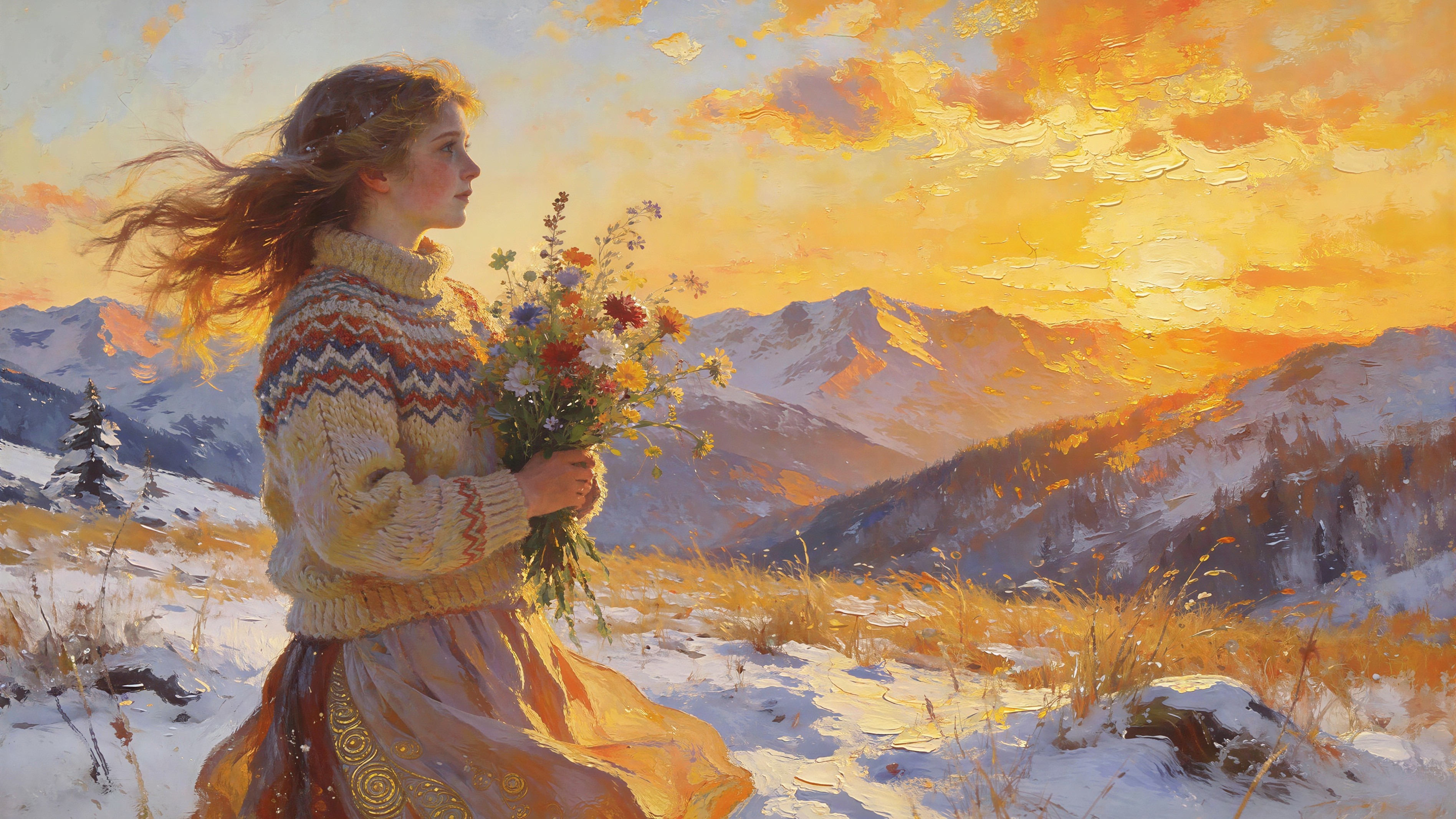 Oil Painting of Woman in Sweater with Wildflowers