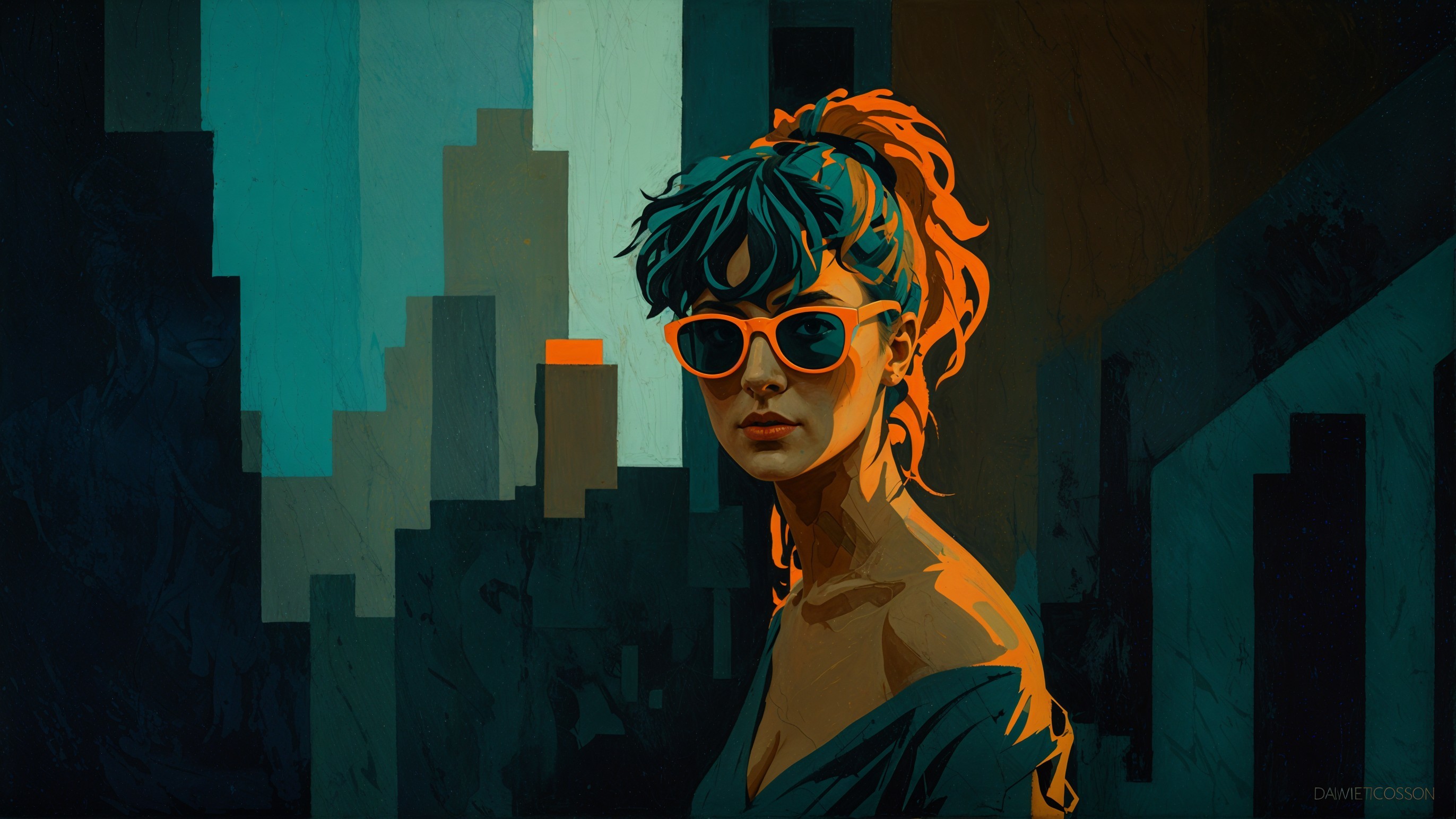 Portrait of a Woman with Blue Hair and Orange Sunglasses