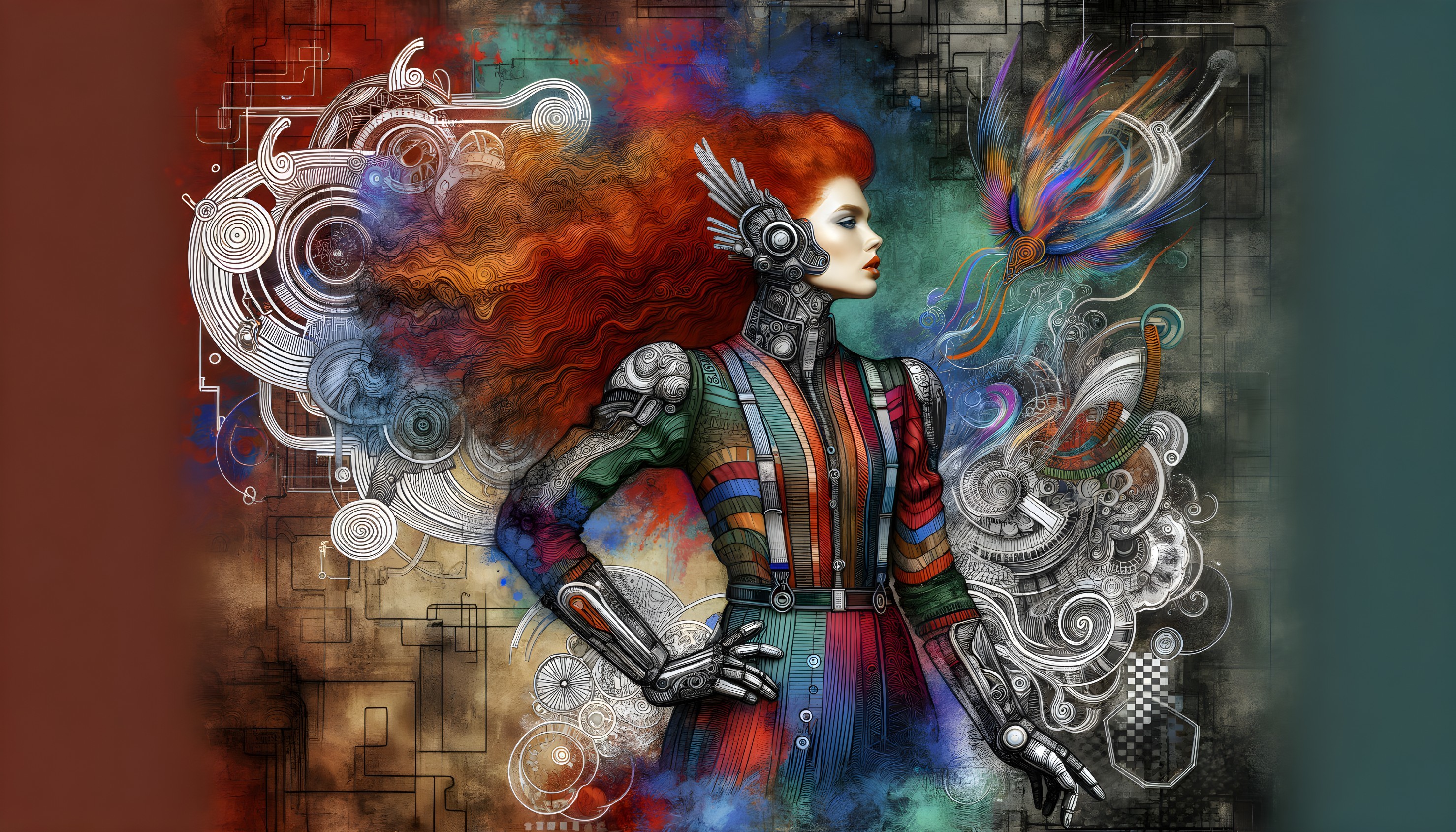 Futuristic Woman with Red Hair and Mechanical Details