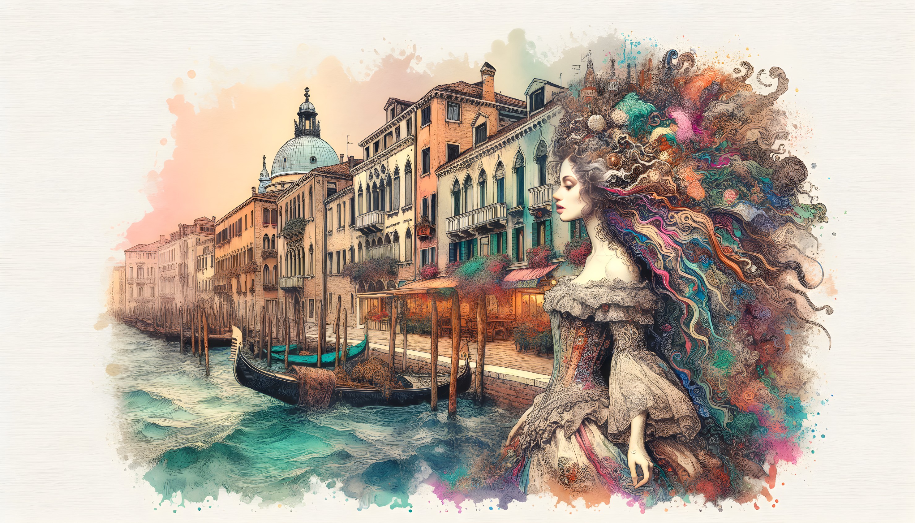 Whimsical Woman with Colorful Hair by Venetian Canal