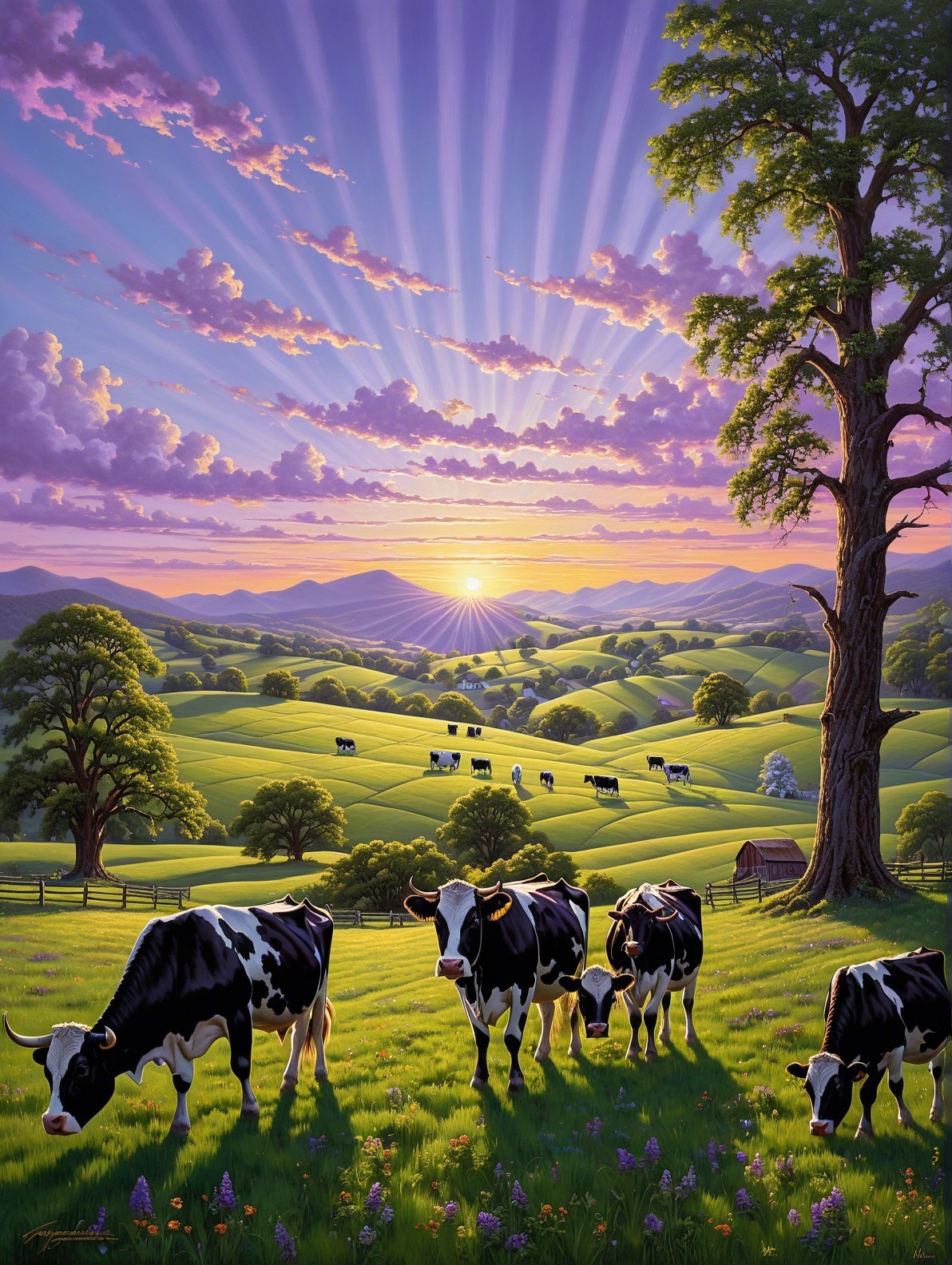 Serene Sunrise Landscape with Grazing Cows and Barn
