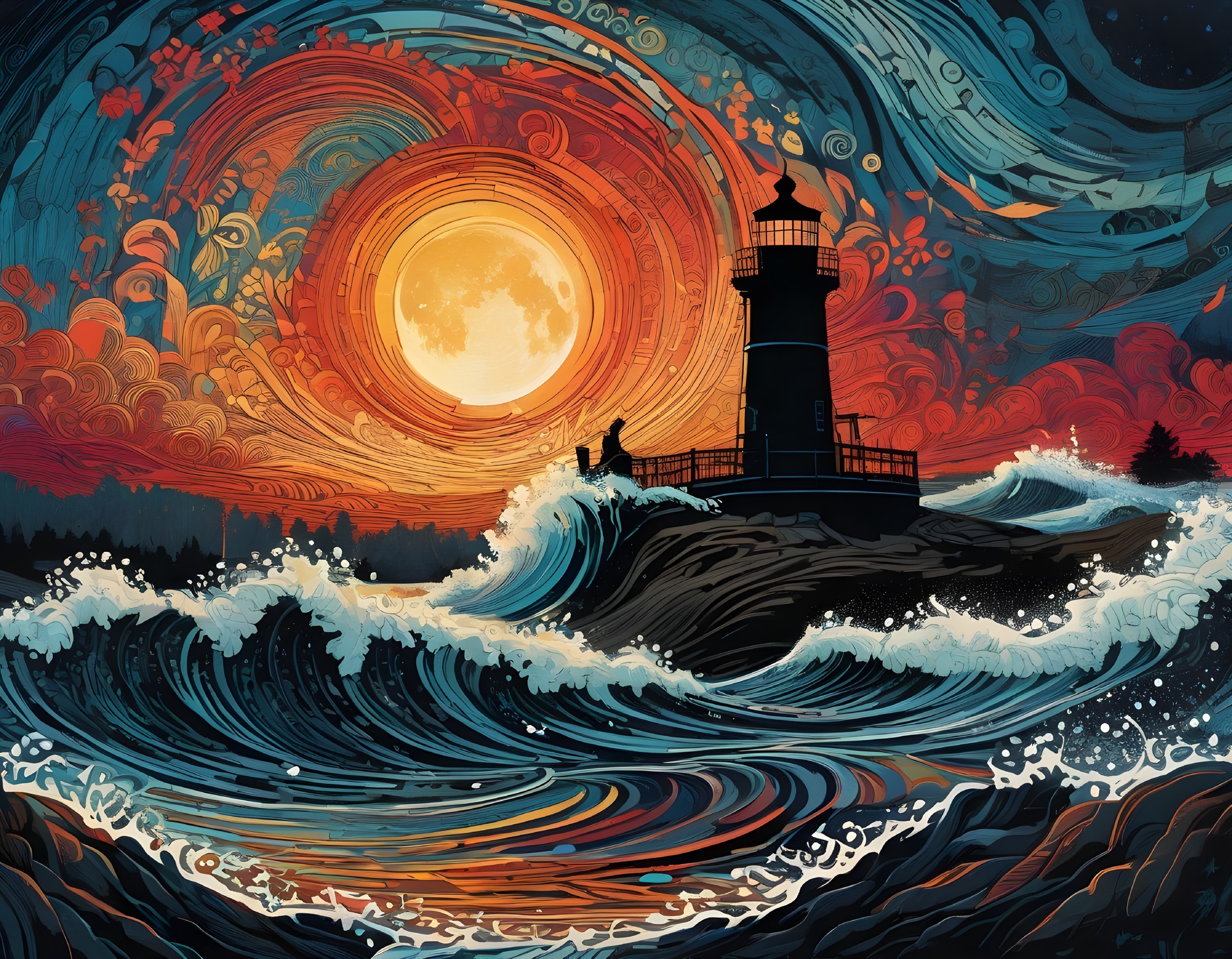 Lighthouse at Sunset with Dramatic Ocean Waves