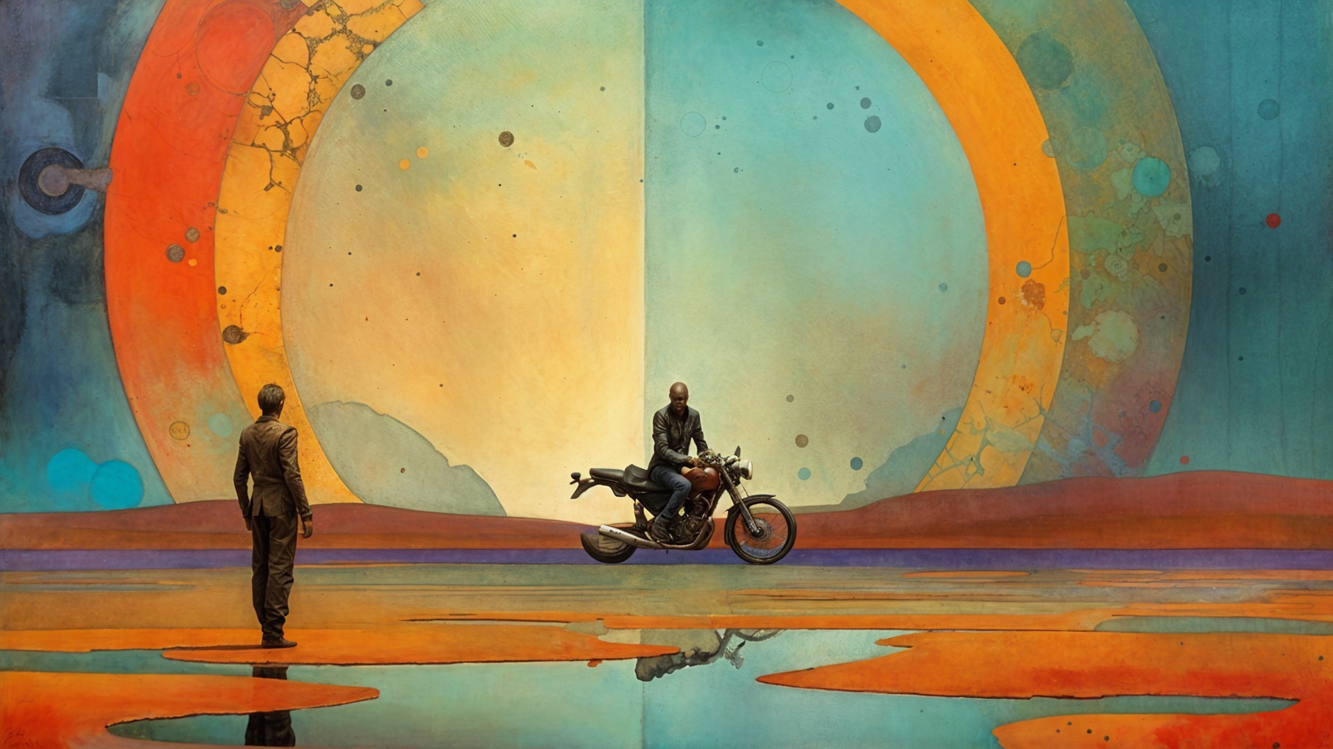 Surreal Landscape with Reflective Ground and Motorcycle