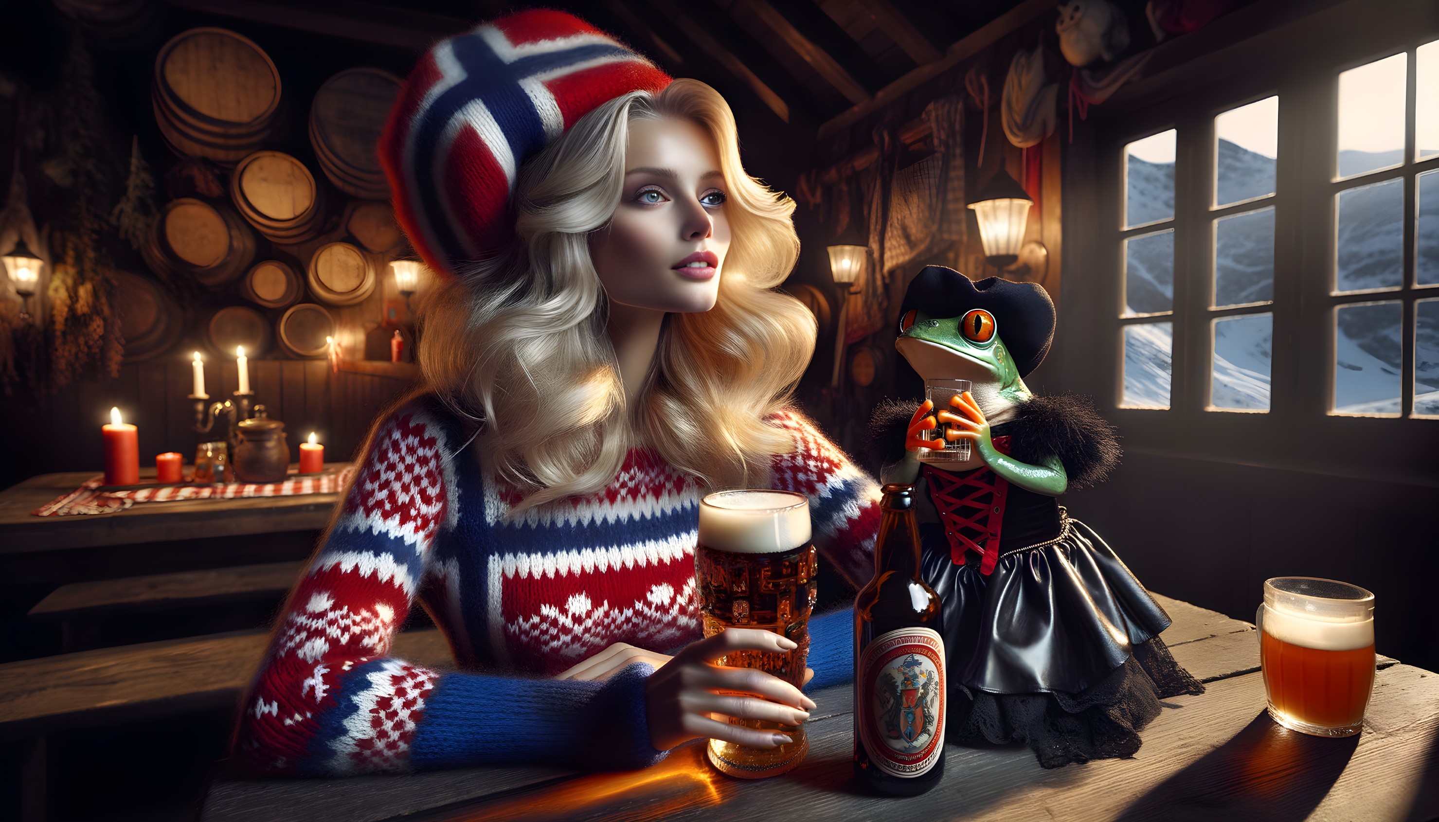 Cozy Cabin Scene with Glamorous Figure and Frog