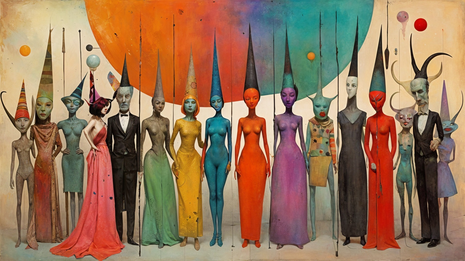 Surreal Gathering of Elongated Figures in Abstract Setting